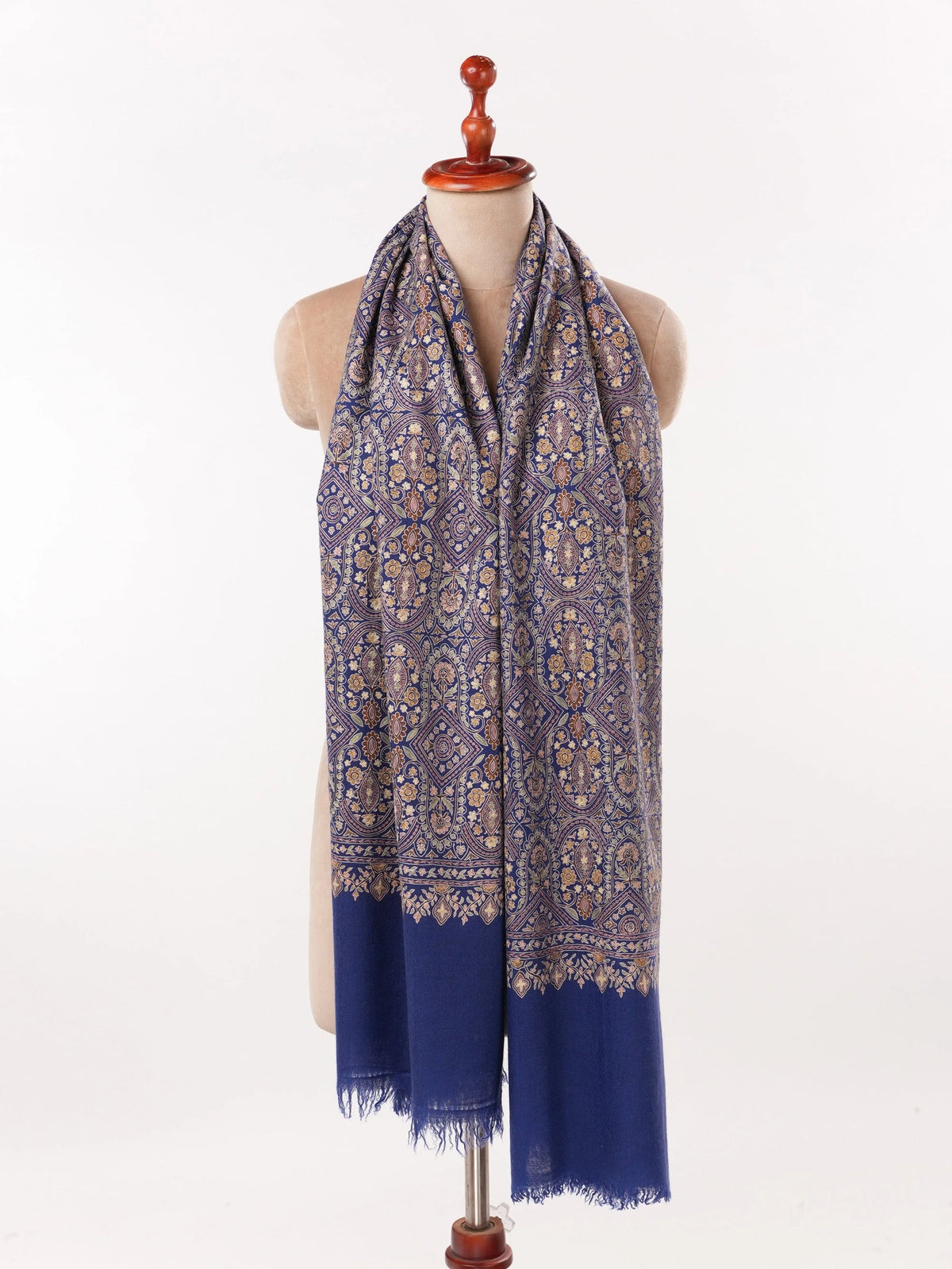 Deep Blue Cashmere Scarf with Hook Embroidery