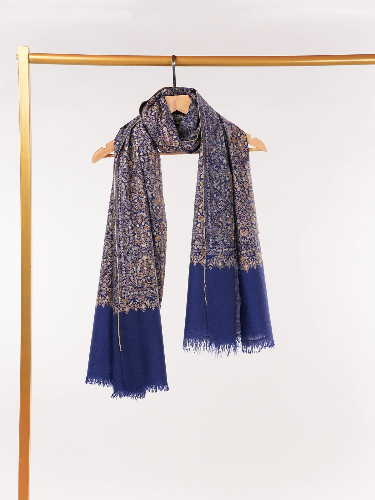 Deep Blue Cashmere Scarf with Hook Embroidery