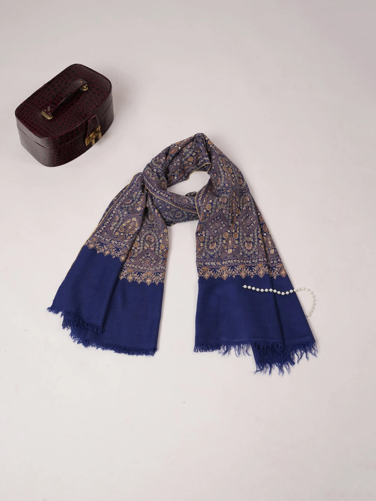 Deep Blue Cashmere Scarf with Hook Embroidery