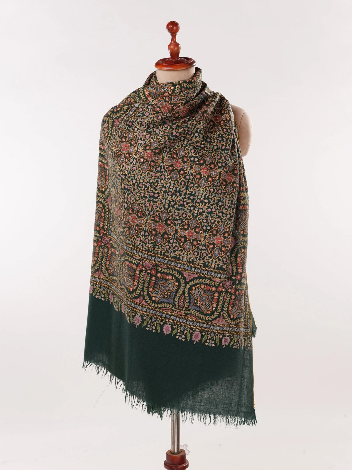 Dark Green Authentic Cashmere Scarf with Hook Embroidery