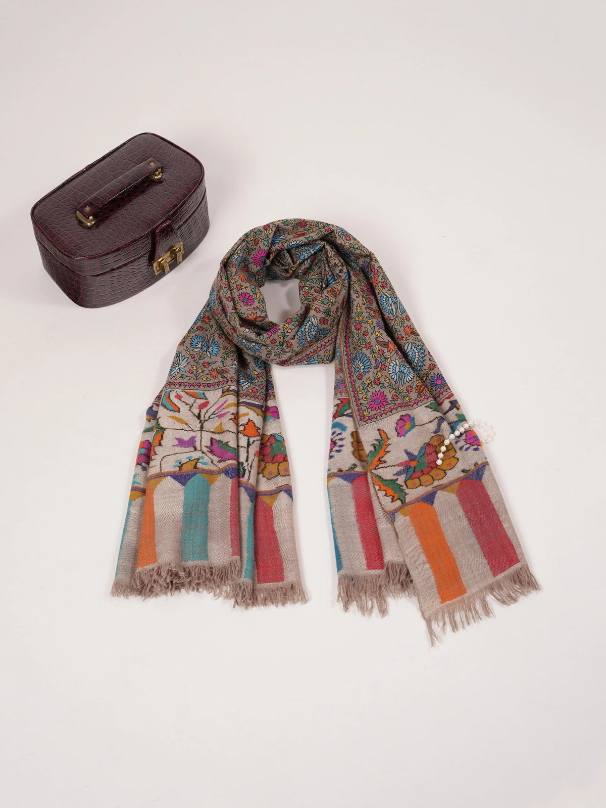 Kalamkari Taupe Handwoven Pashmina Shawl with Hand Embroidery Shahkaar.com