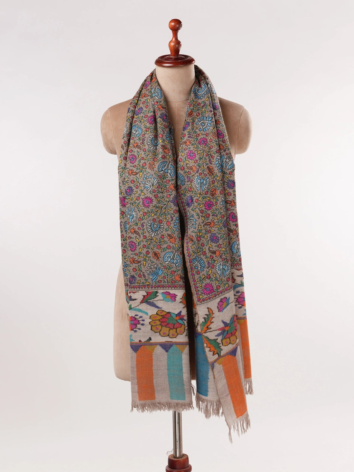 Kalamkari Taupe Handwoven Pashmina Shawl with Hand Embroidery Shahkaar.com