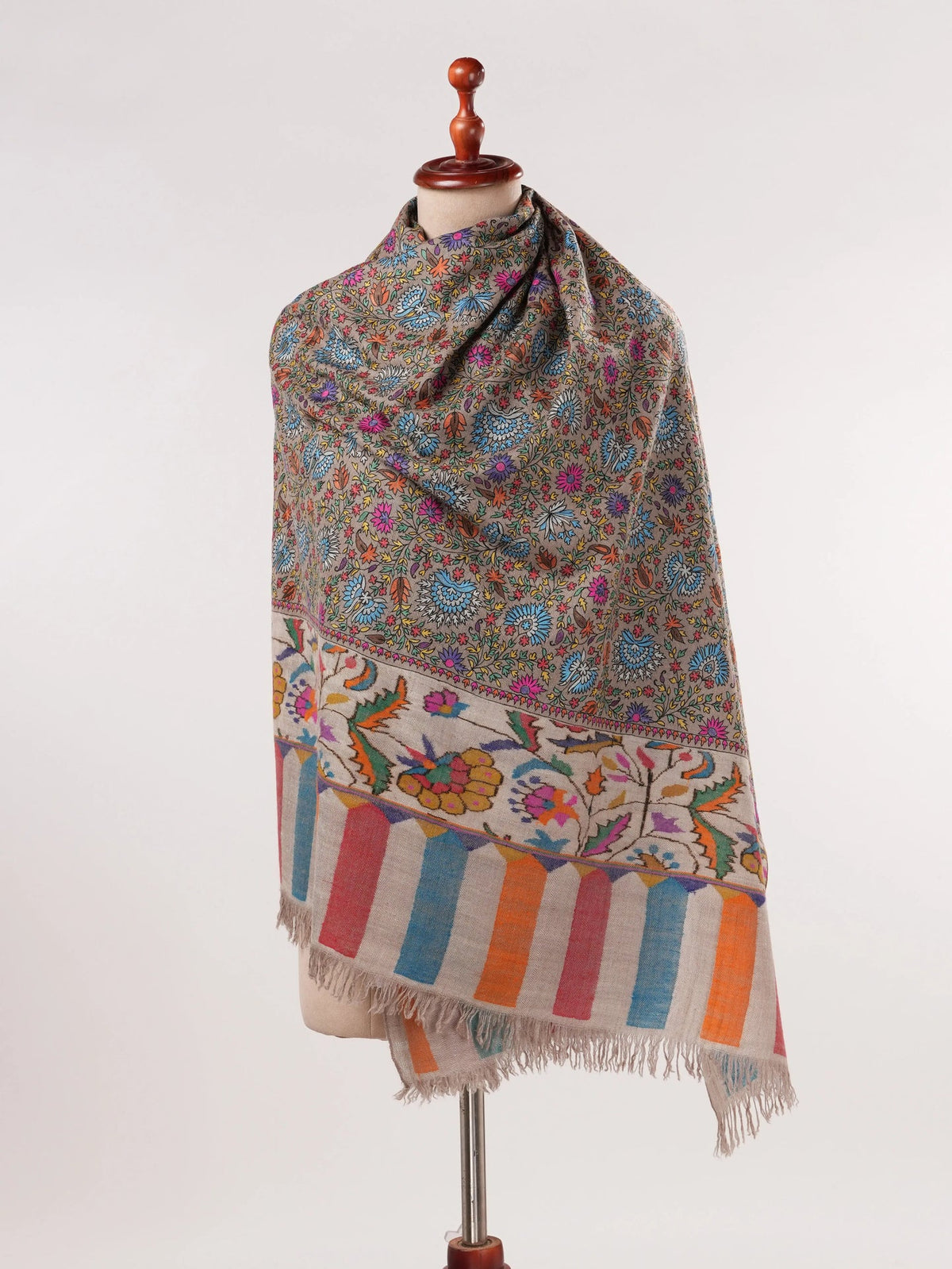 Kalamkari Taupe Handwoven Pashmina Shawl with Hand Embroidery Shahkaar.com