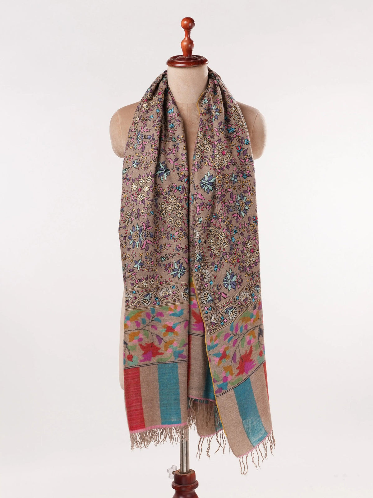 Kalamkari Hand Embroidered Taupe Handwoven Pashmina Shawl Shahkaar.com