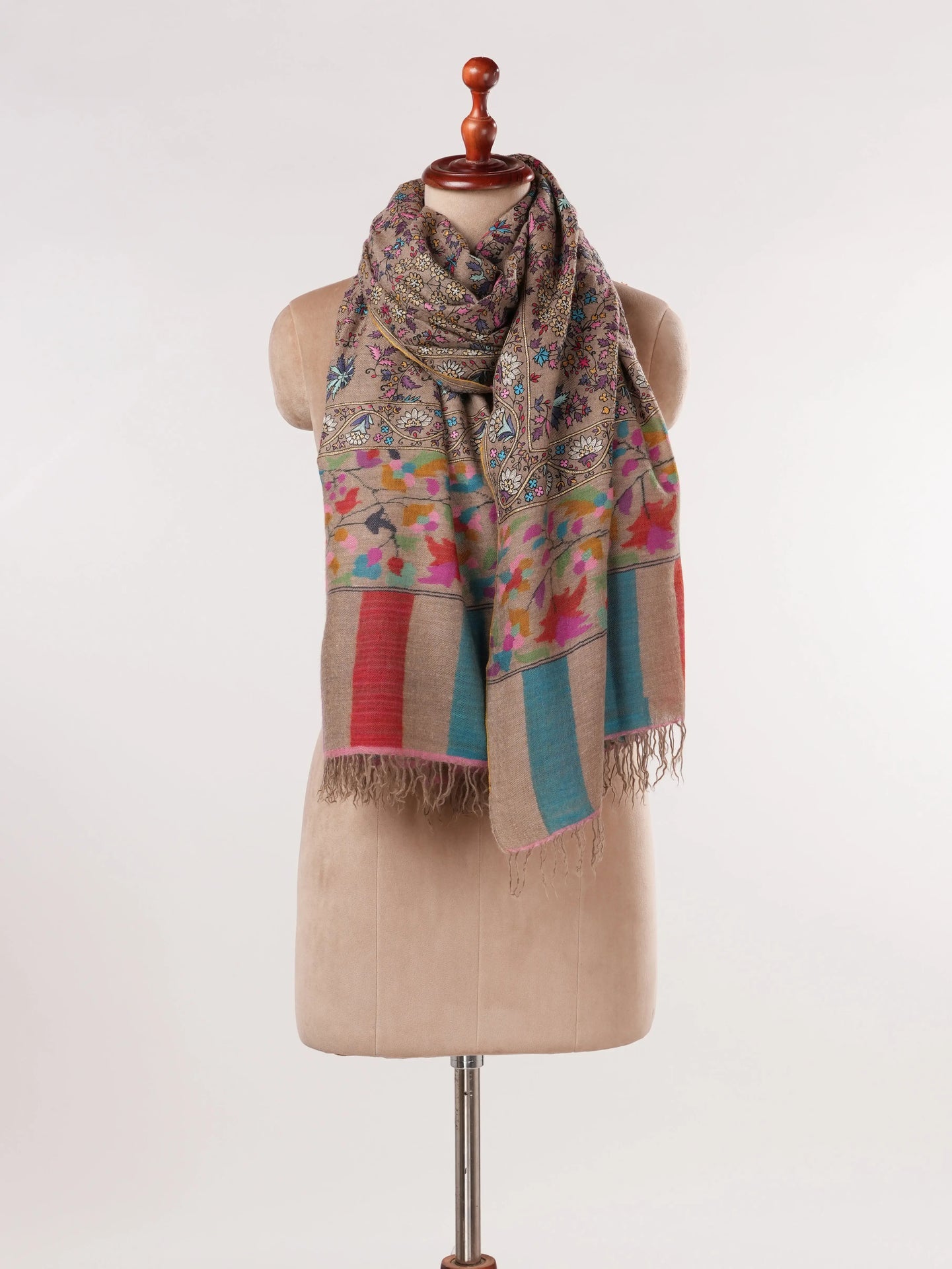 Kalamkari Hand Embroidered Taupe Handwoven Pashmina Shawl Shahkaar.com