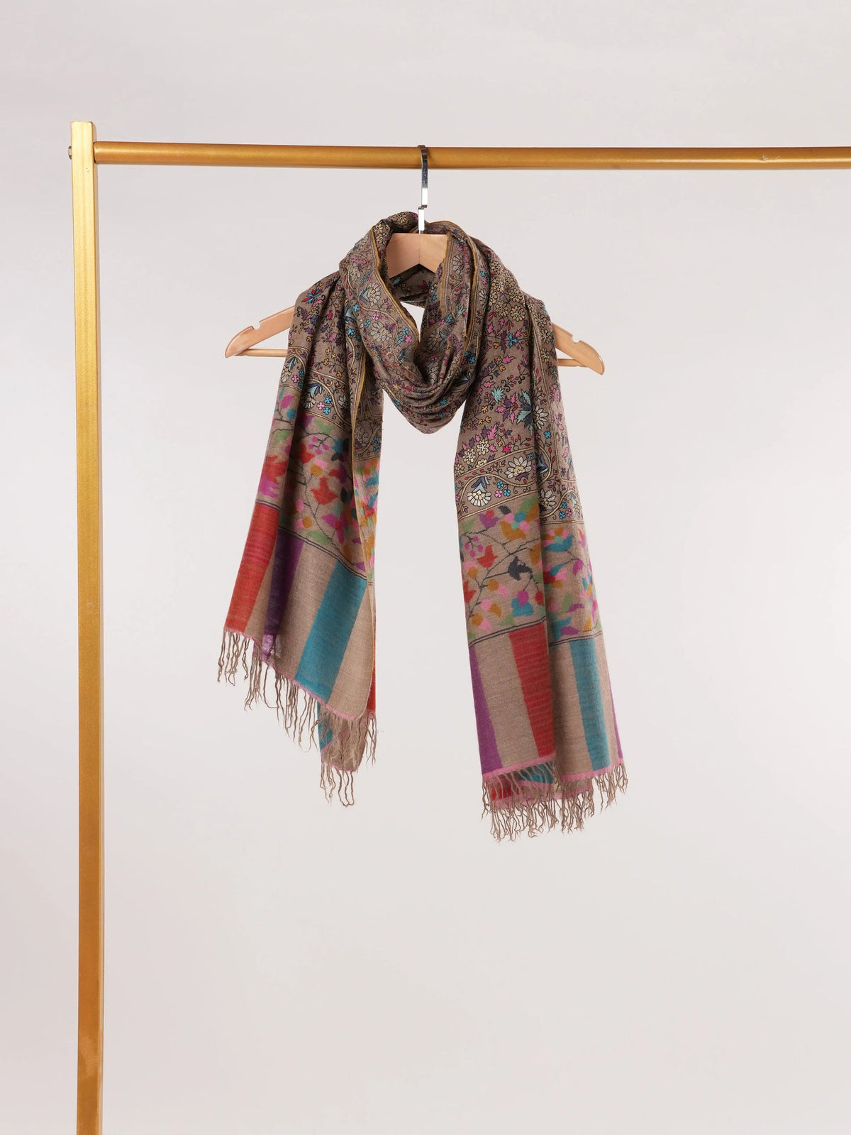 Kalamkari Hand Embroidered Taupe Handwoven Pashmina Shawl Shahkaar.com