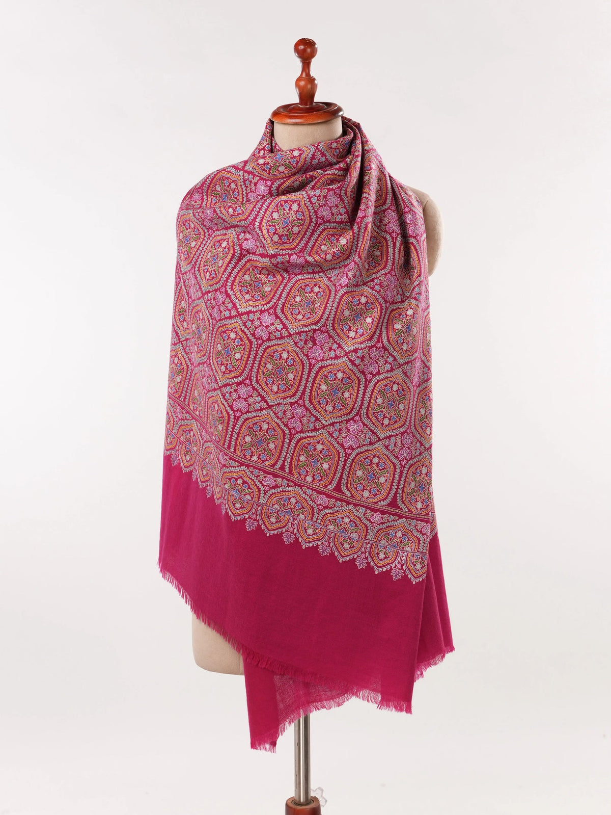 Deep Pink Handwoven Cashmere Scarf with Kalamkari Embroidery