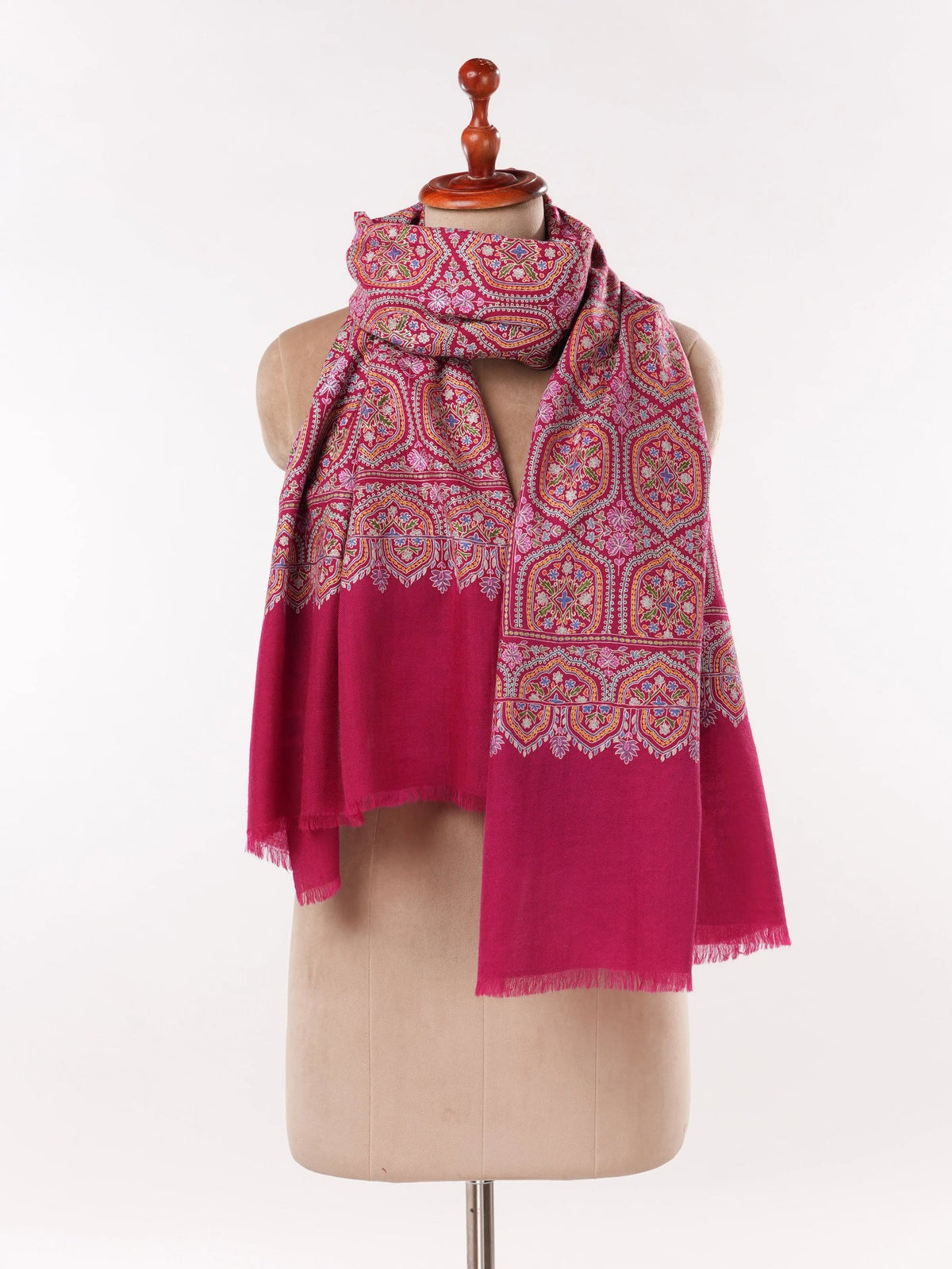 Deep Pink Handwoven Cashmere Scarf with Kalamkari Embroidery