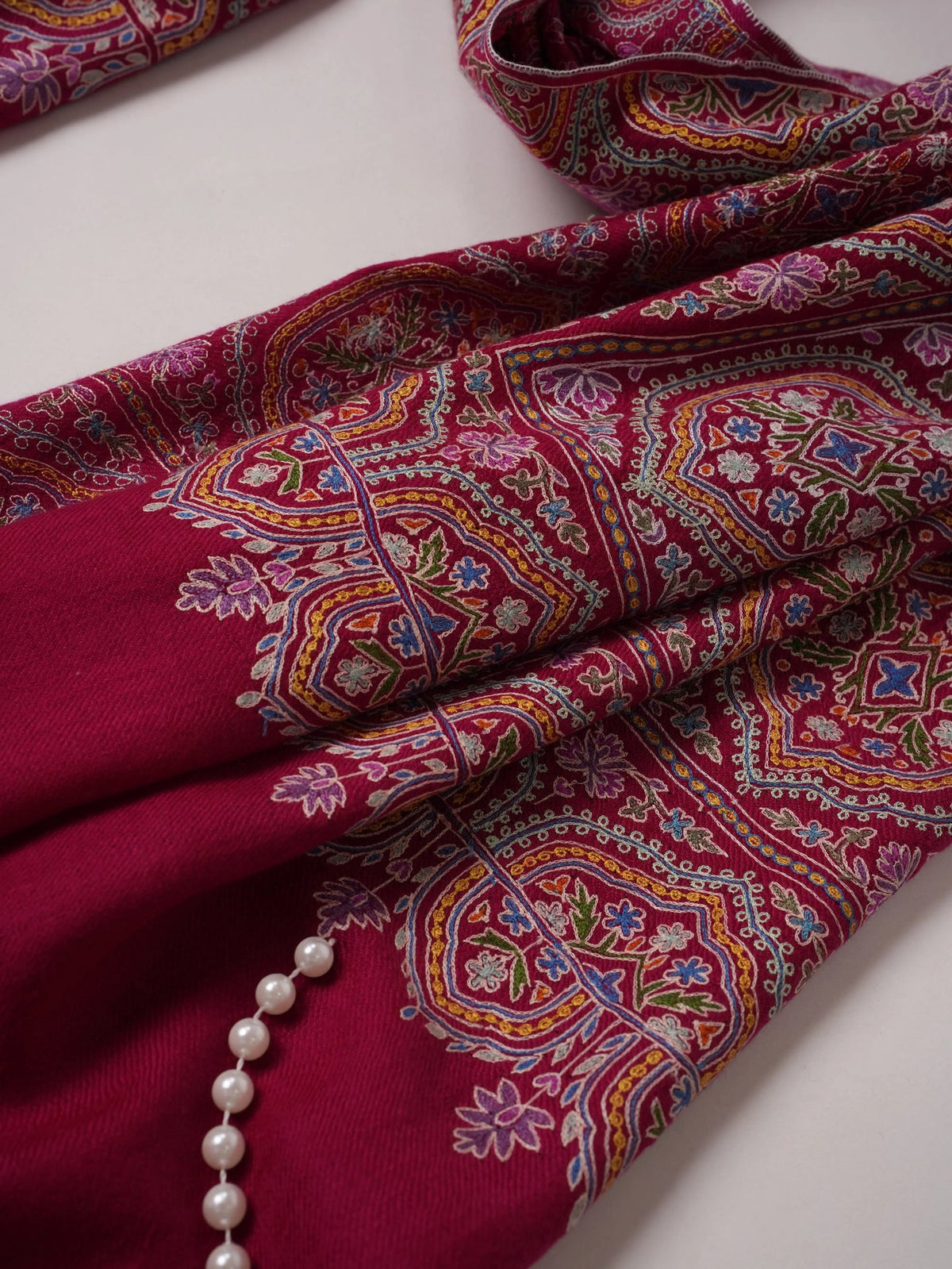 Deep Pink Handwoven Cashmere Scarf with Kalamkari Embroidery