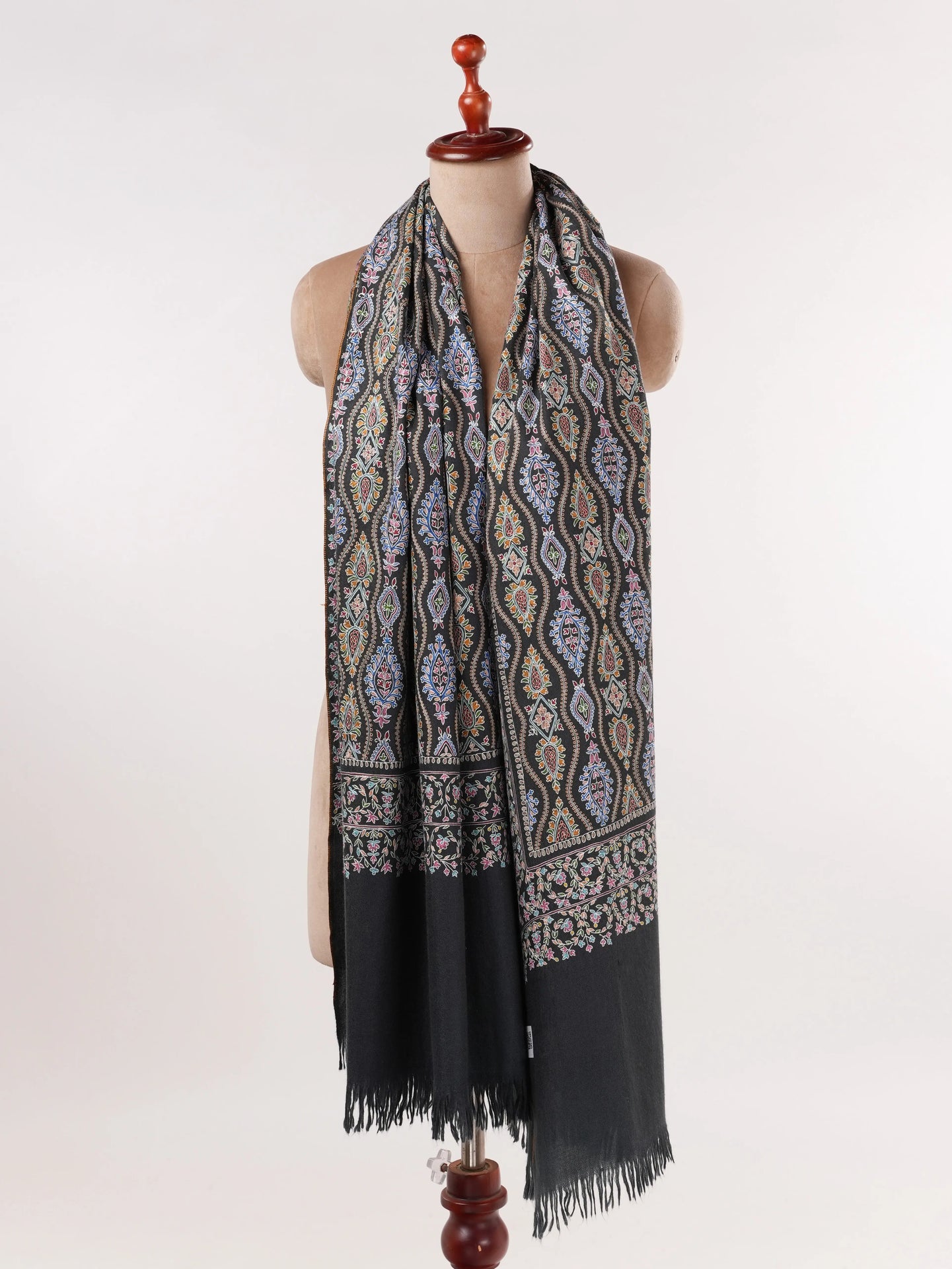 Original Black Kalamkari Handwoven Pashmina Shawl with Hand Embroidery Shahkaar.com