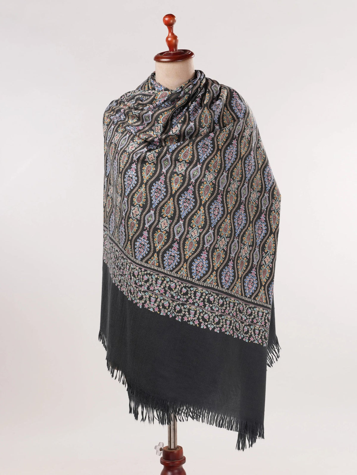 Original Black Kalamkari Handwoven Pashmina Shawl with Hand Embroidery Shahkaar.com