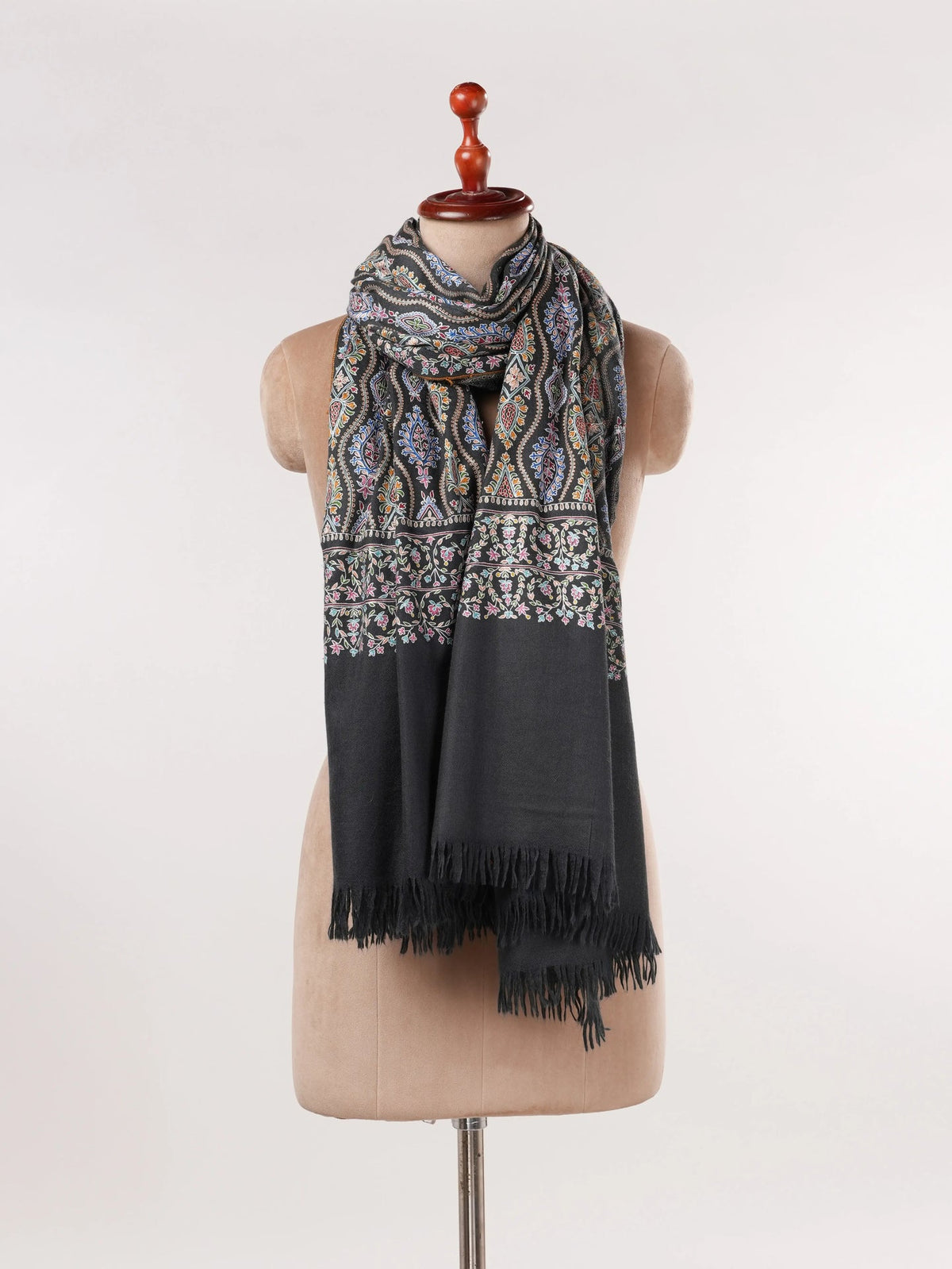 Original Black Kalamkari Handwoven Pashmina Shawl with Hand Embroidery Shahkaar.com