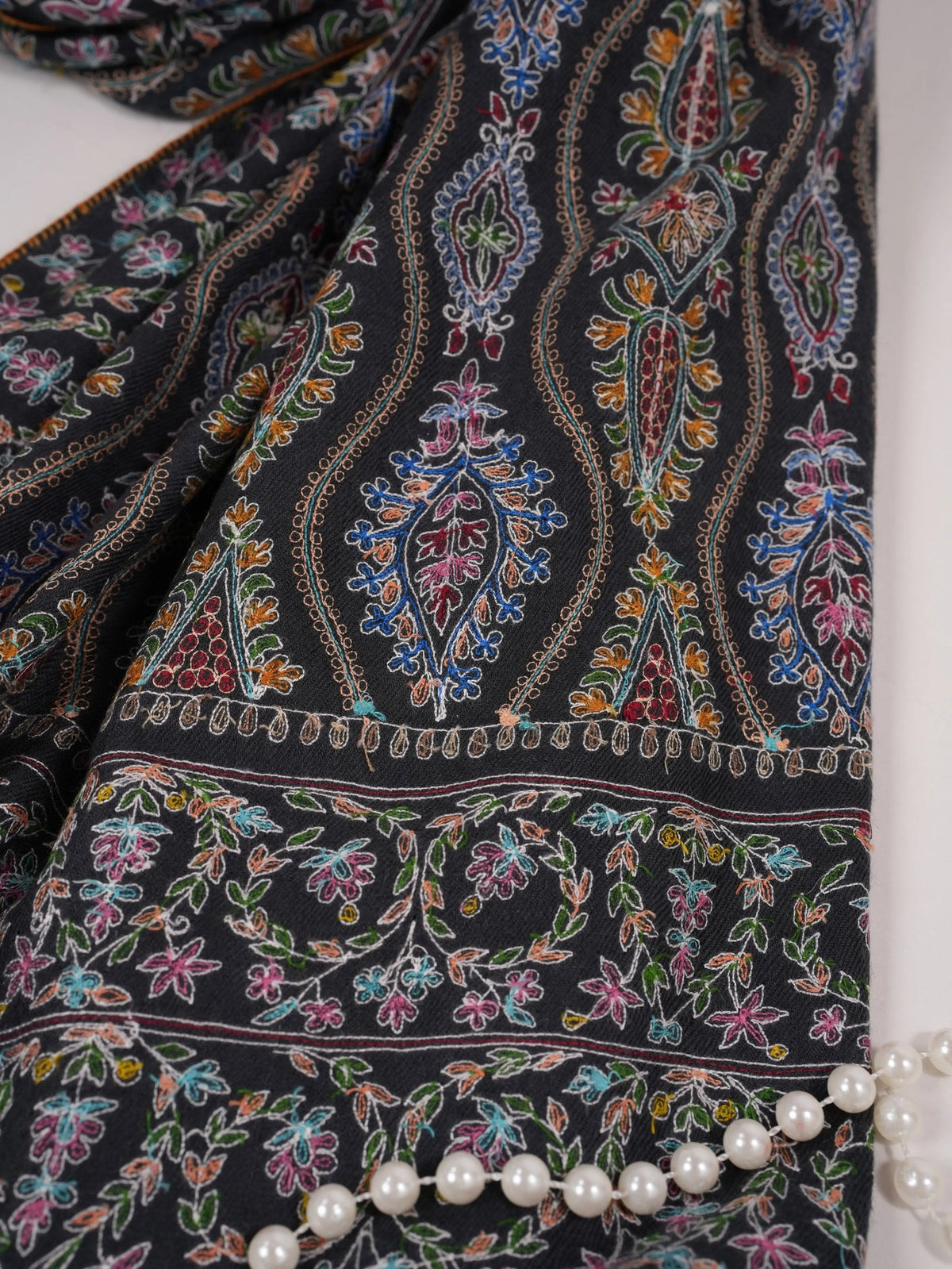 Original Black Kalamkari Handwoven Pashmina Shawl with Hand Embroidery Shahkaar.com