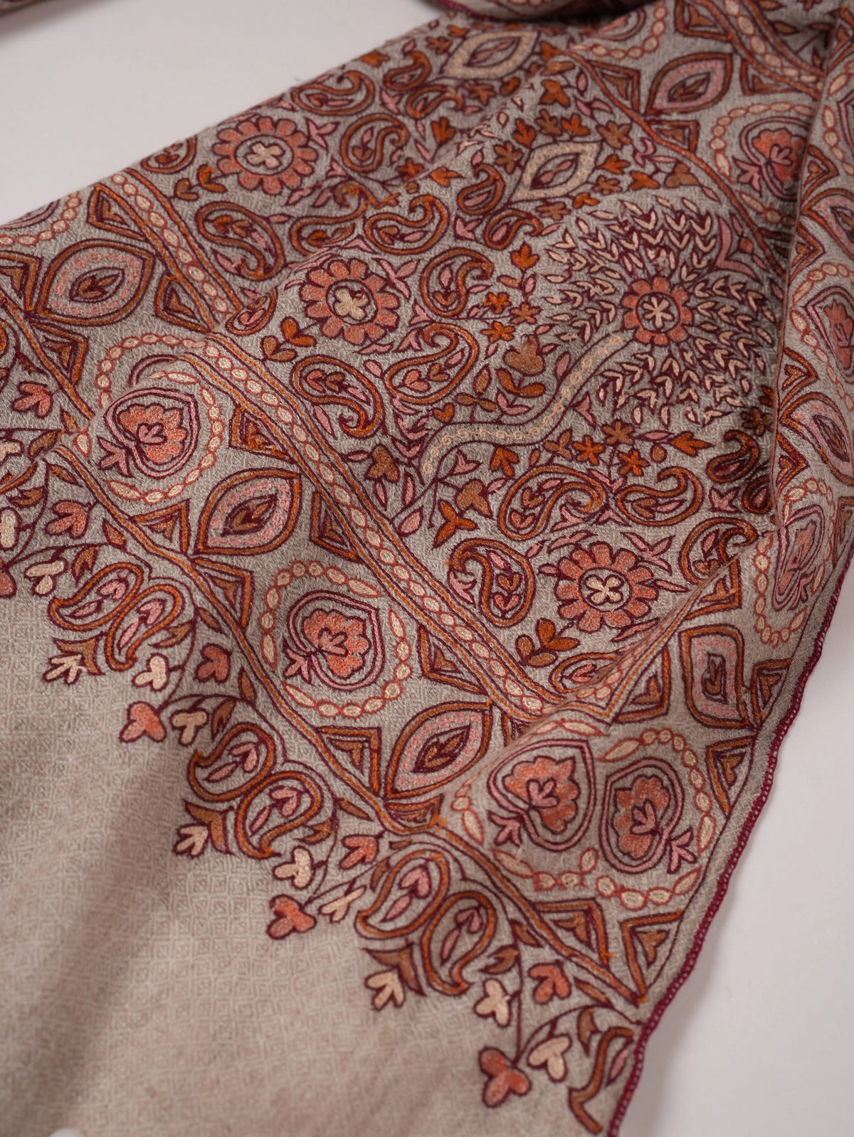 Natural Taupe Authentic Cashmere Scarf with Hook Embroidery