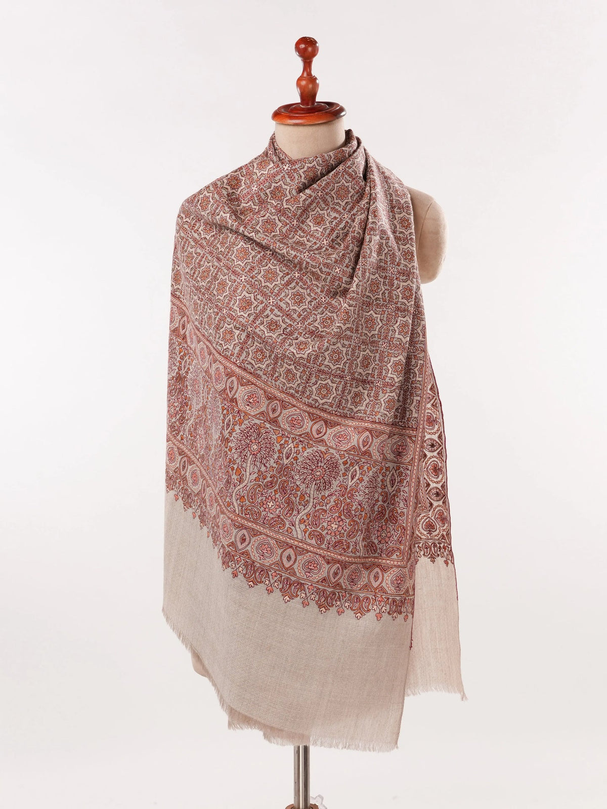 Natural Taupe Authentic Cashmere Scarf with Hook Embroidery