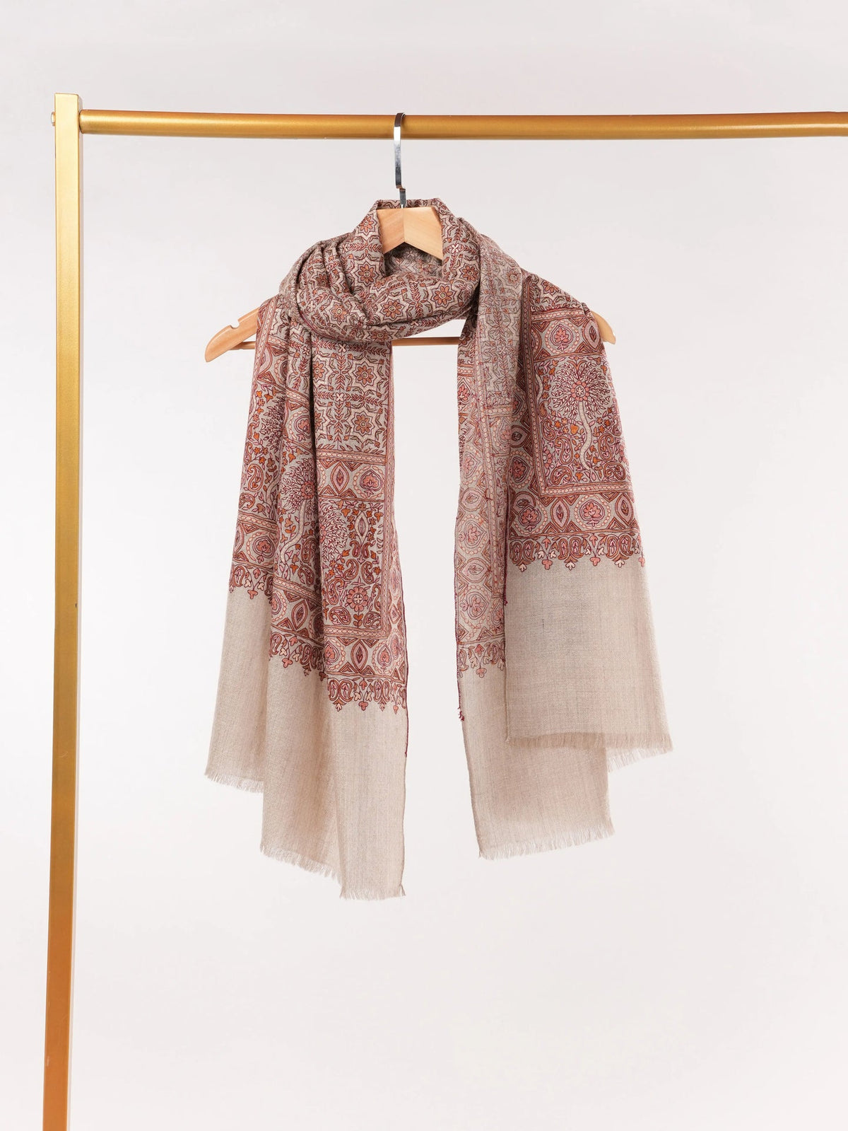 Natural Taupe Authentic Cashmere Scarf with Hook Embroidery