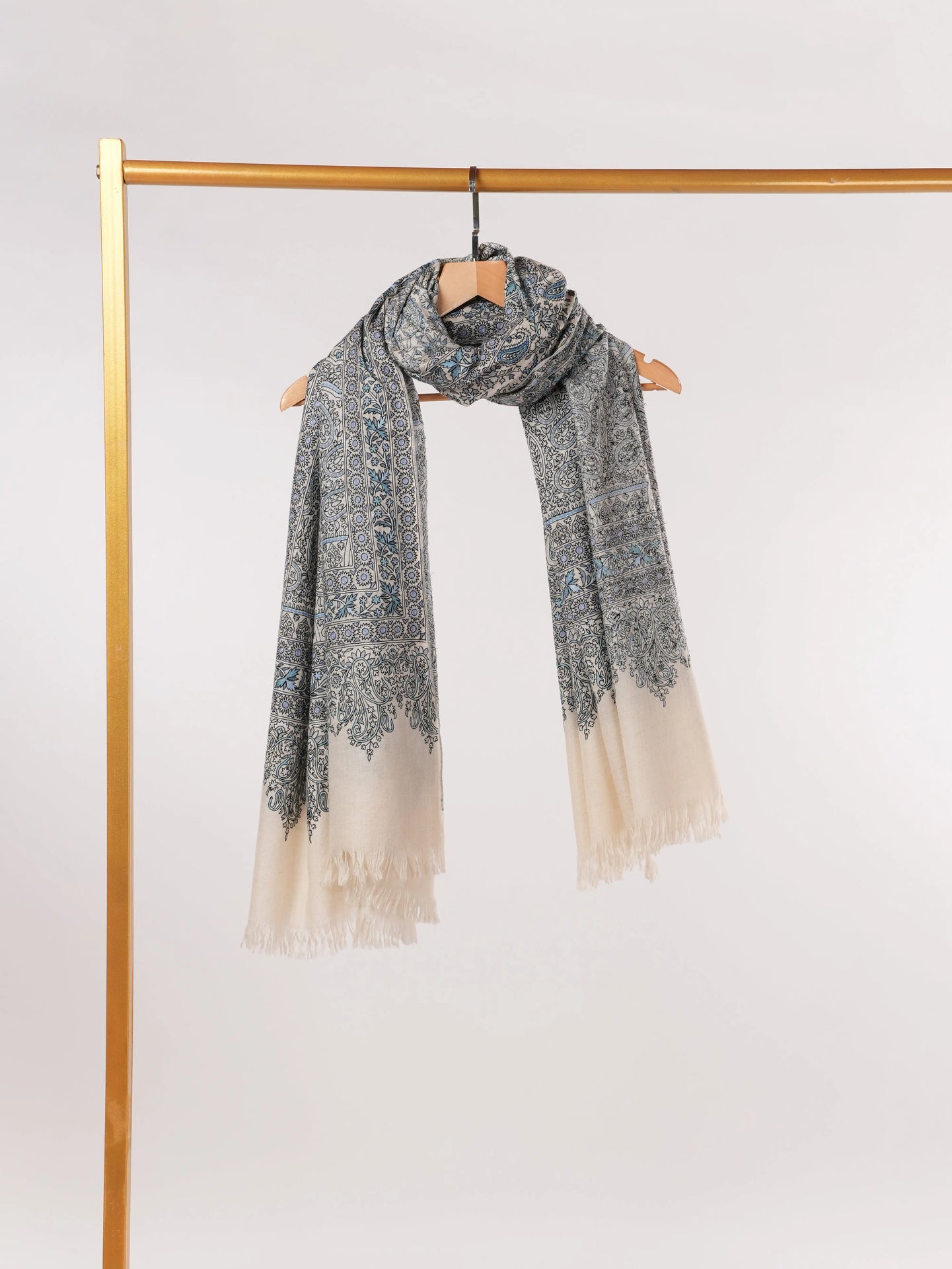 Hand Embroidered Kalamkari Soft Natural White Handwoven Pashmina Shawl Shahkaar.com