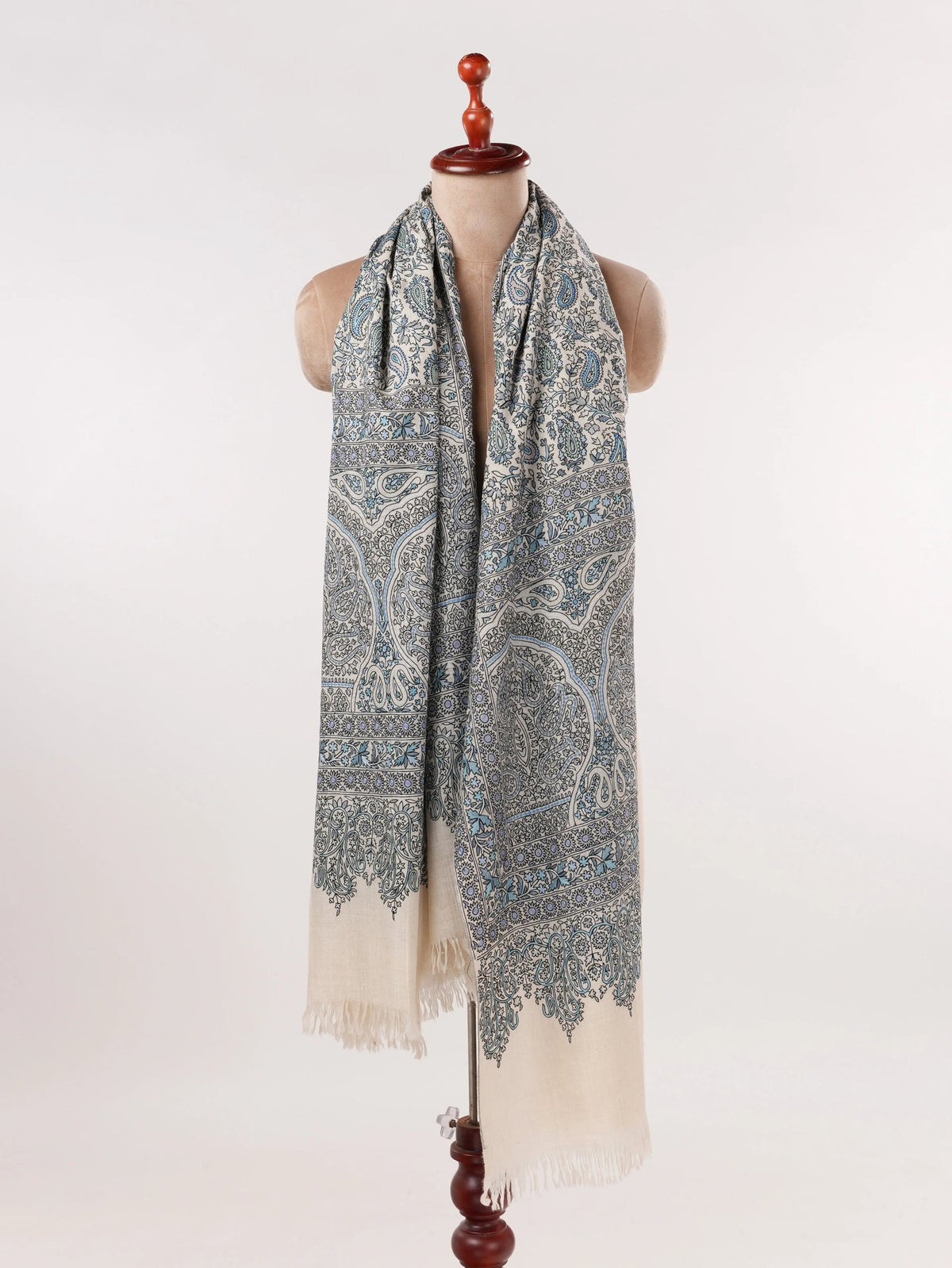 Hand Embroidered Kalamkari Soft Natural White Handwoven Pashmina Shawl Shahkaar.com