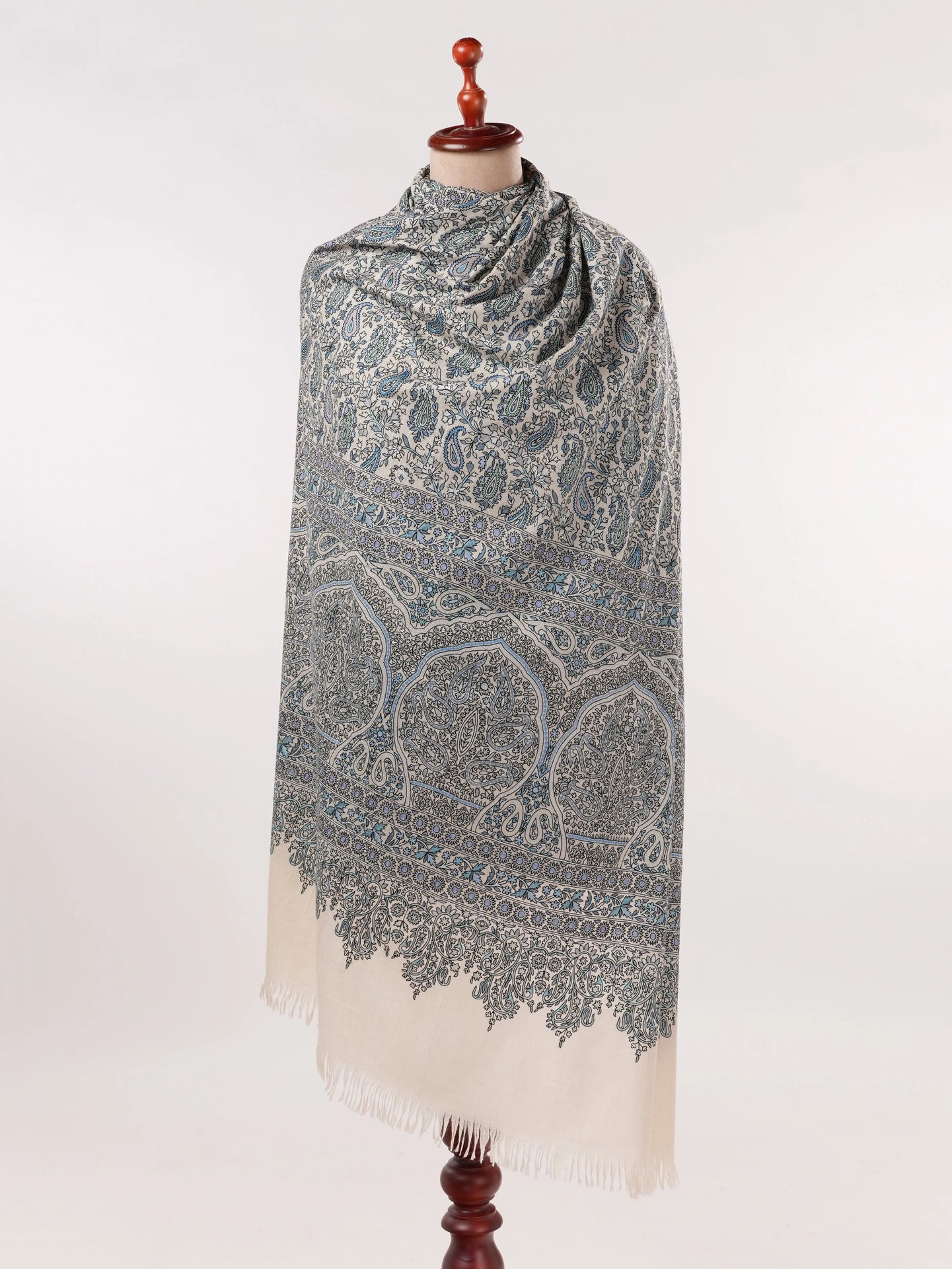 Hand Embroidered Kalamkari Soft Natural White Handwoven Pashmina Shawl Shahkaar.com