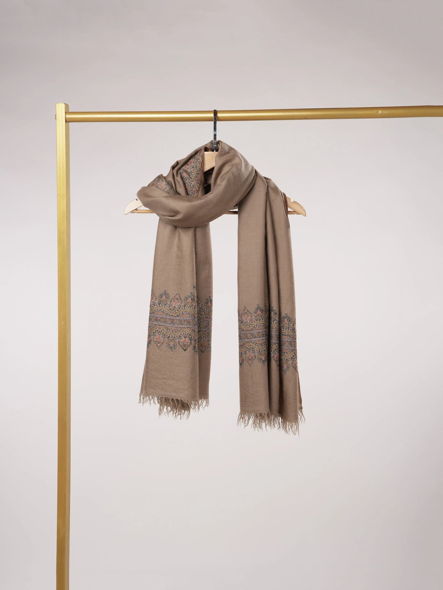 Dark Taupe Kashmiri Handwoven Pashmina Shawl with Hand Palla Embroidery Shahkaar.com