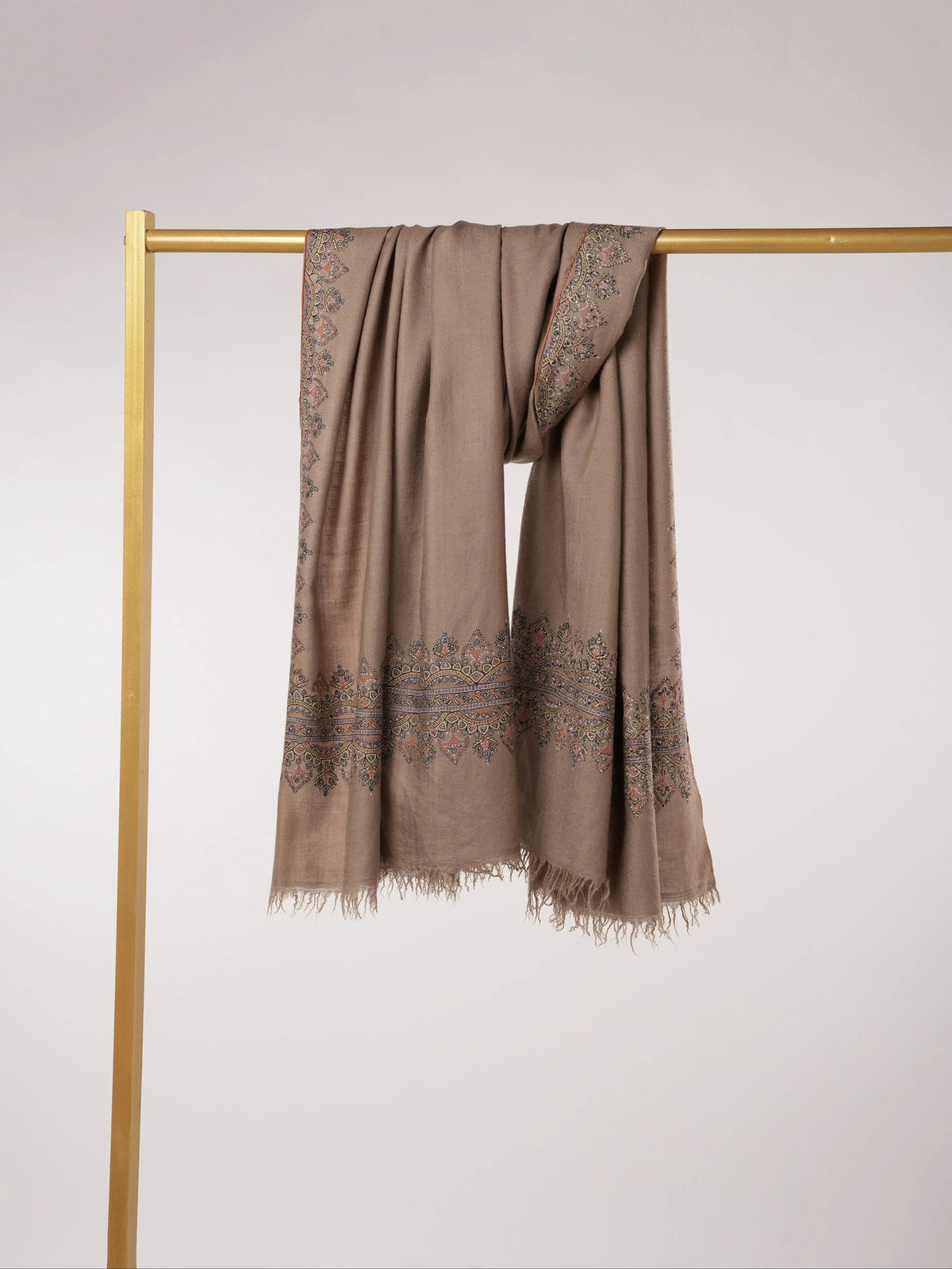Dark Taupe Kashmiri Handwoven Pashmina Shawl with Hand Palla Embroidery Shahkaar.com