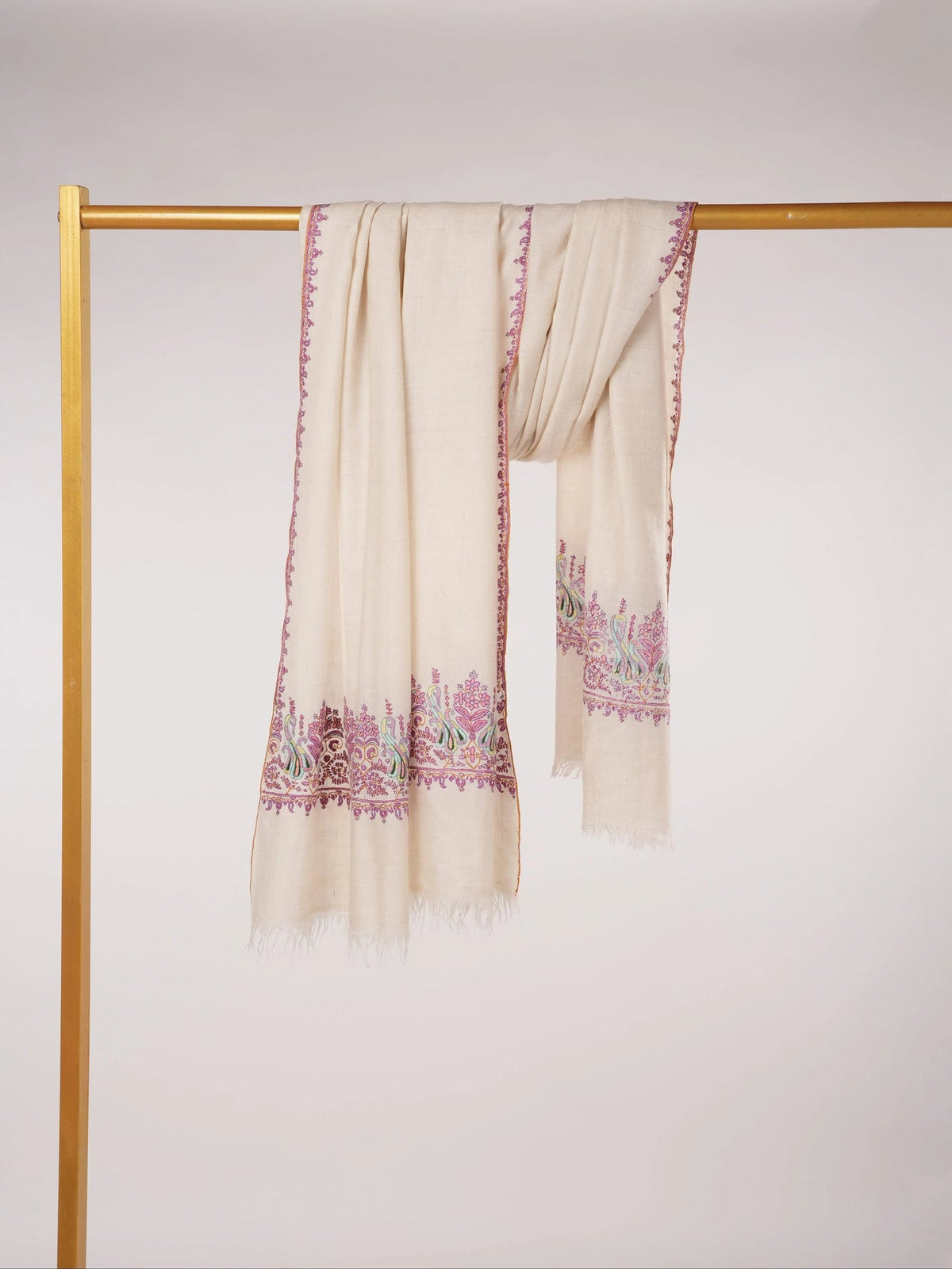 Kashmiri Handwoven Natural White Pashmina Shawl with Palldar Hand Embroidery Shahkaar.com