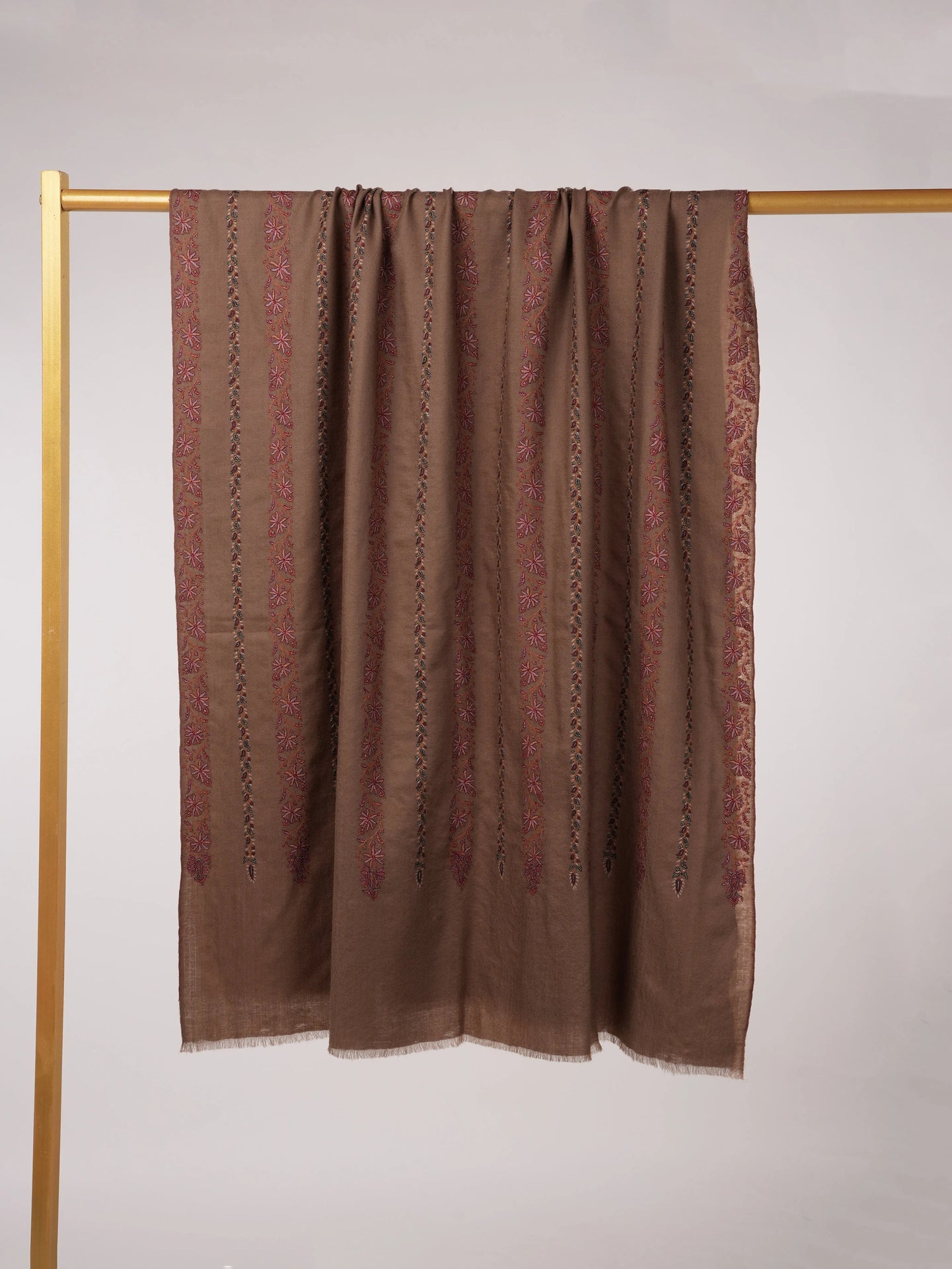 Kashmiri Dark Taupe Handwoven Pashmina Shawl with Hand Khatrass Embroidery Shahkaar.com