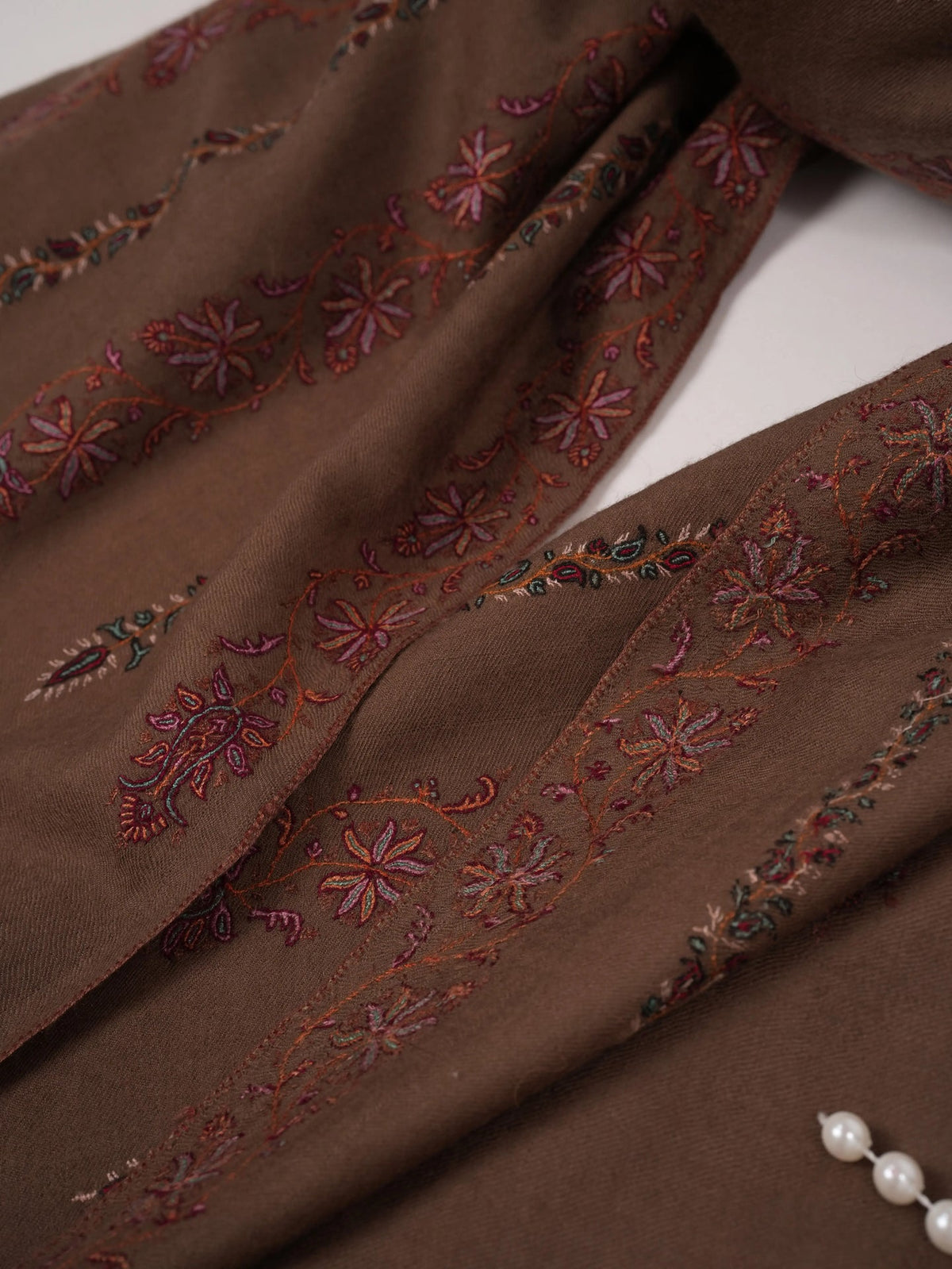 Kashmiri Dark Taupe Handwoven Pashmina Shawl with Hand Khatrass Embroidery Shahkaar.com