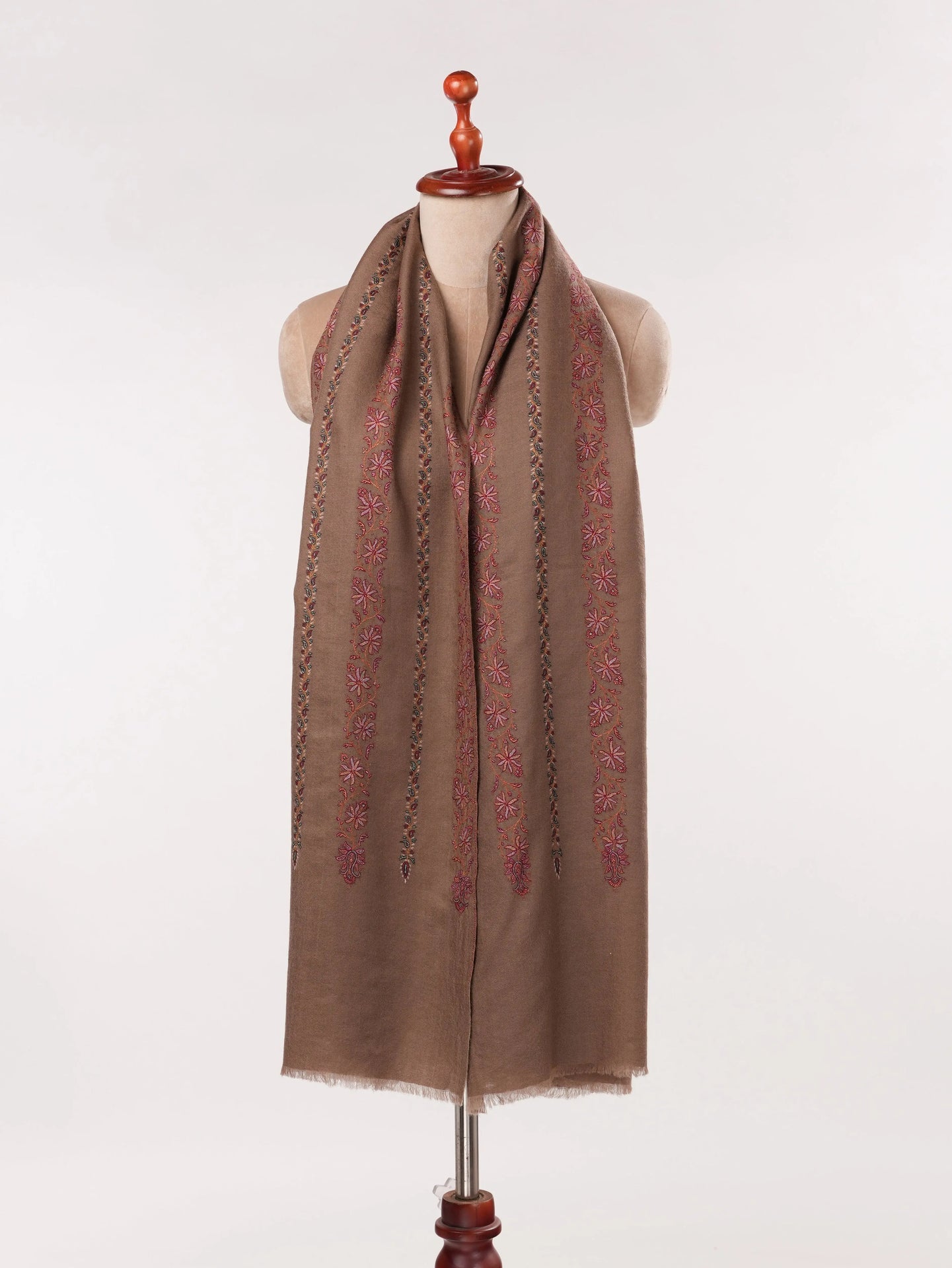 Kashmiri Dark Taupe Handwoven Pashmina Shawl with Hand Khatrass Embroidery Shahkaar.com