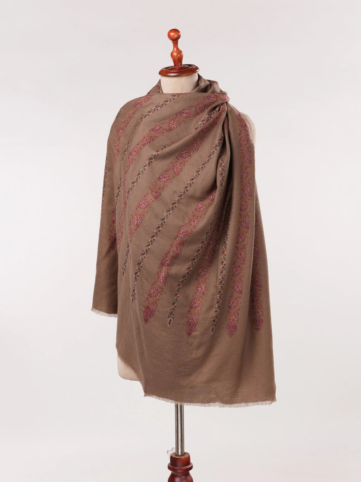 Kashmiri Dark Taupe Handwoven Pashmina Shawl with Hand Khatrass Embroidery Shahkaar.com