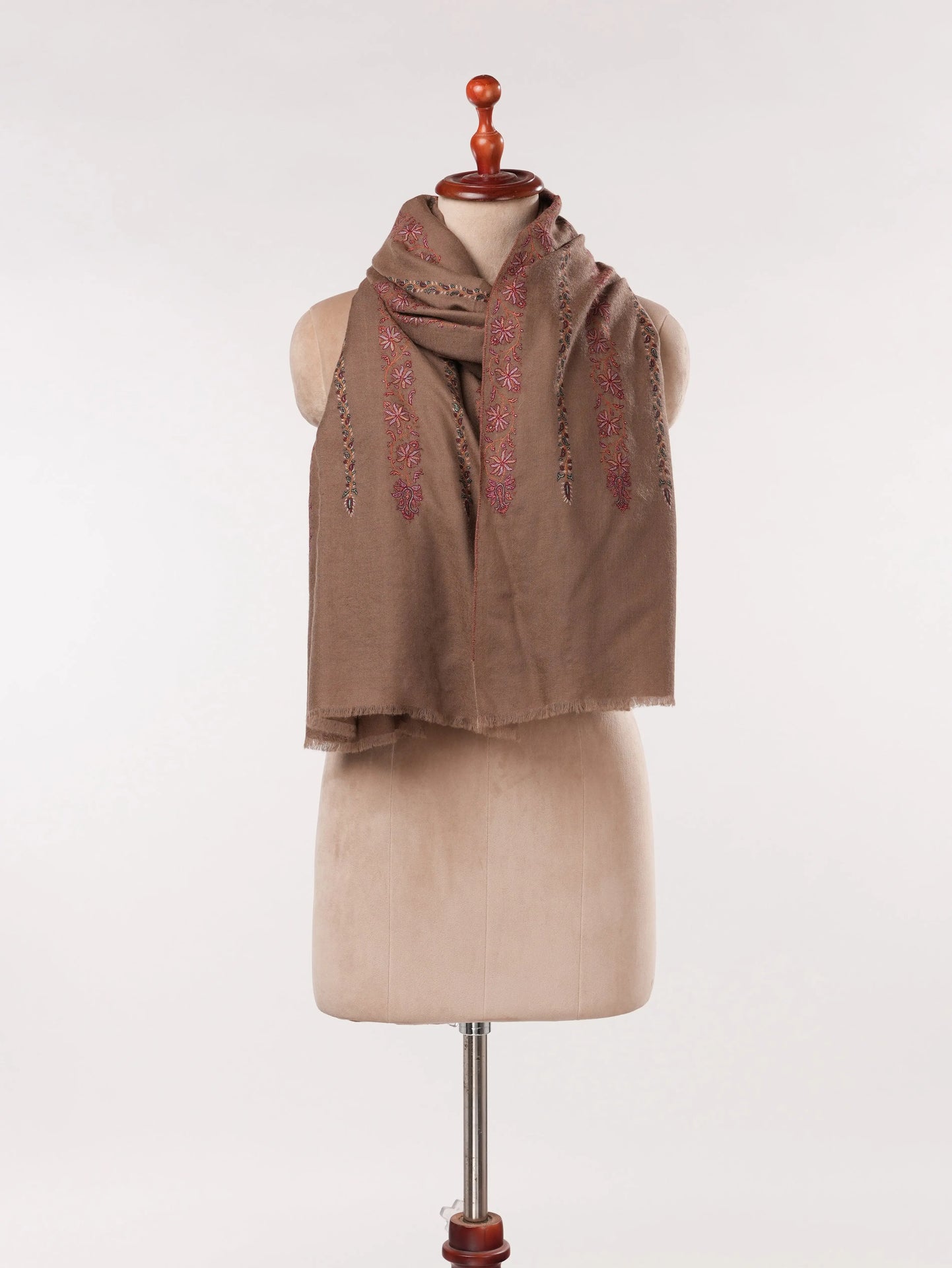 Kashmiri Dark Taupe Handwoven Pashmina Shawl with Hand Khatrass Embroidery Shahkaar.com