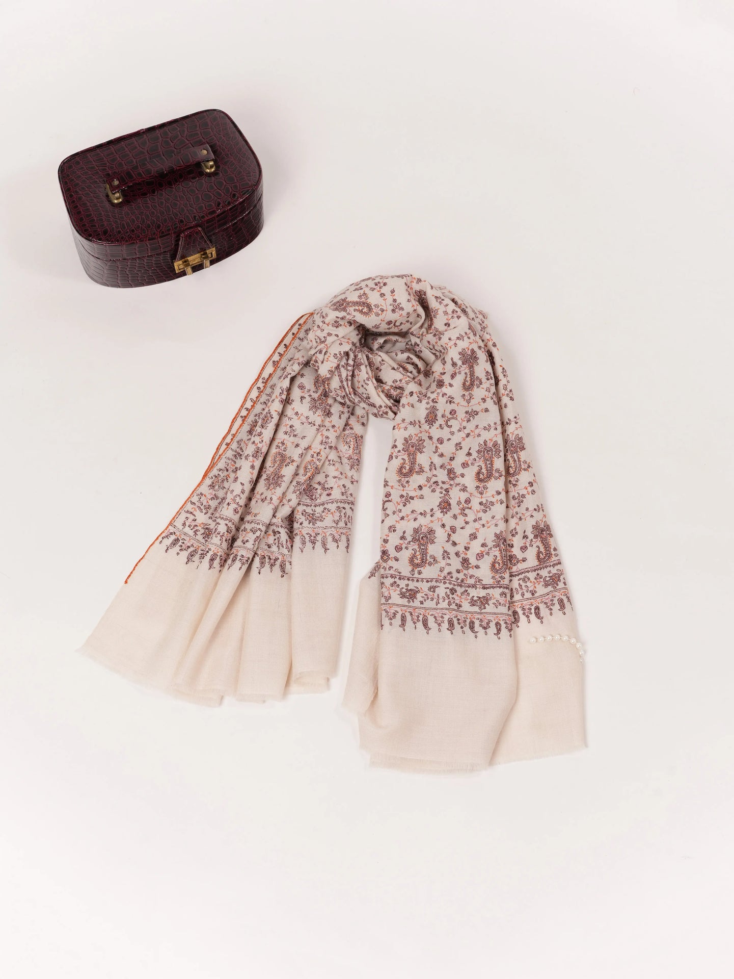Kashmiri Handwoven Natural White Pashmina Shawl with Paisley Jali Embroidery Shahkaar.com