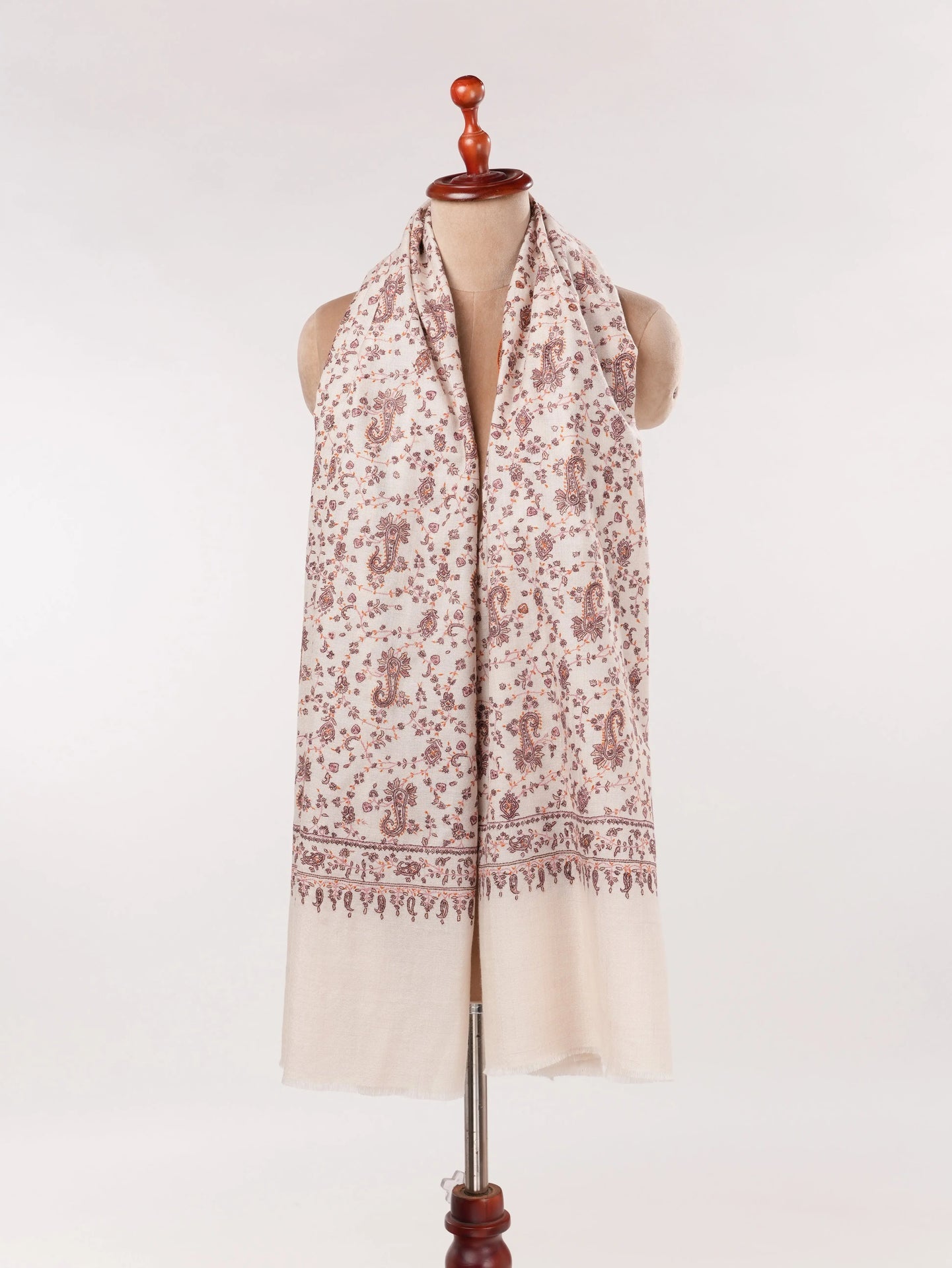 Kashmiri Handwoven Natural White Pashmina Shawl with Paisley Jali Embroidery Shahkaar.com