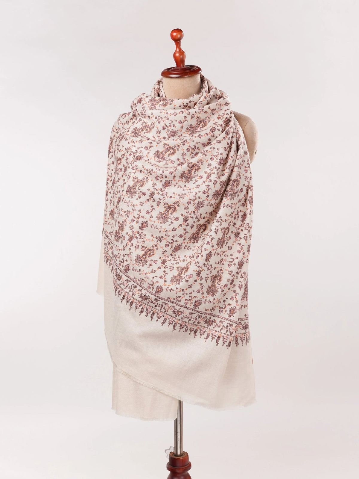 Kashmiri Handwoven Natural White Pashmina Shawl with Paisley Jali Embroidery Shahkaar.com