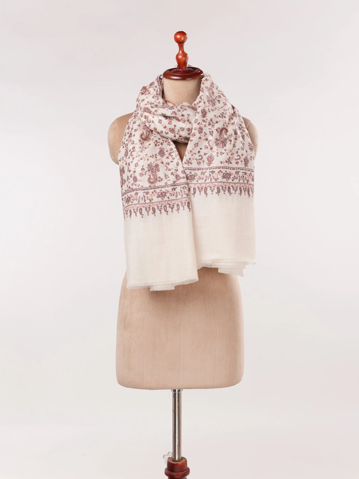 Kashmiri Handwoven Natural White Pashmina Shawl with Paisley Jali Embroidery Shahkaar.com