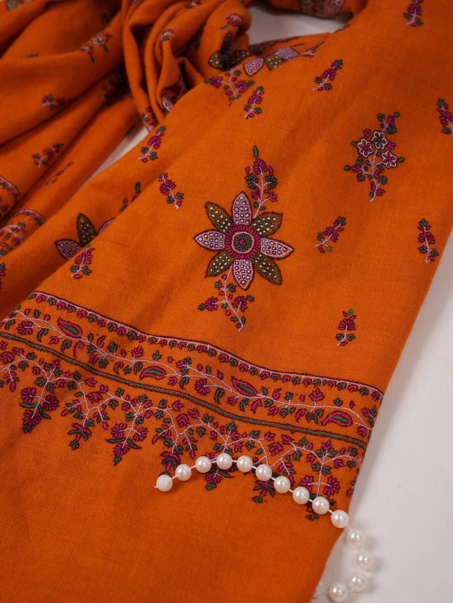 Orange Kashmiri Handwoven Pashmina Shawl with Floral Hand Sozni Embroidery Shahkaar.com