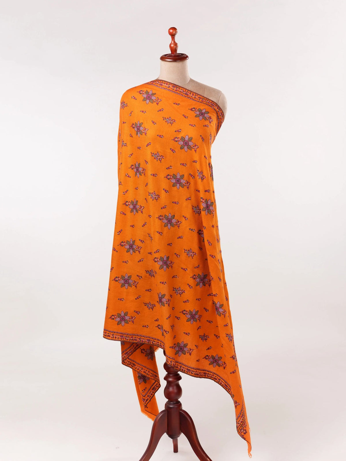 Orange Kashmiri Handwoven Pashmina Shawl with Floral Hand Sozni Embroidery Shahkaar.com