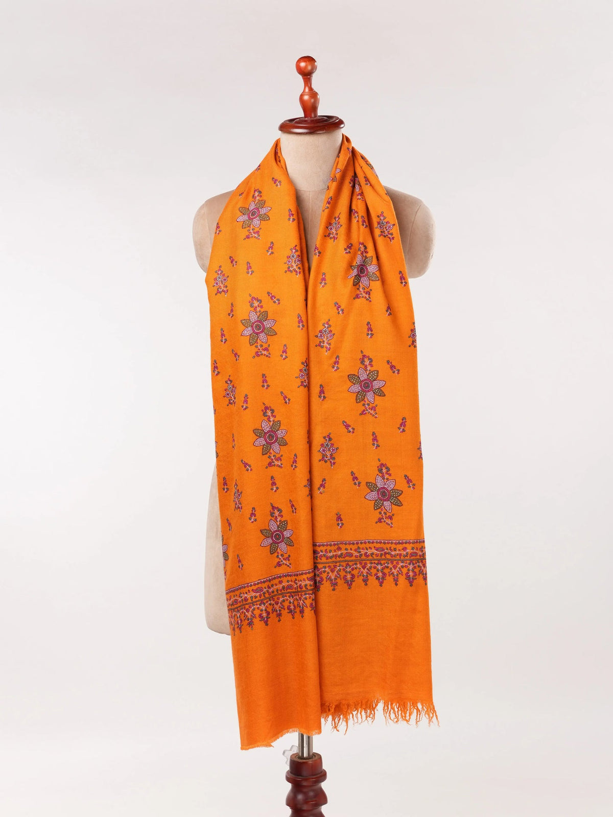 Orange Kashmiri Handwoven Pashmina Shawl with Floral Hand Sozni Embroidery Shahkaar.com