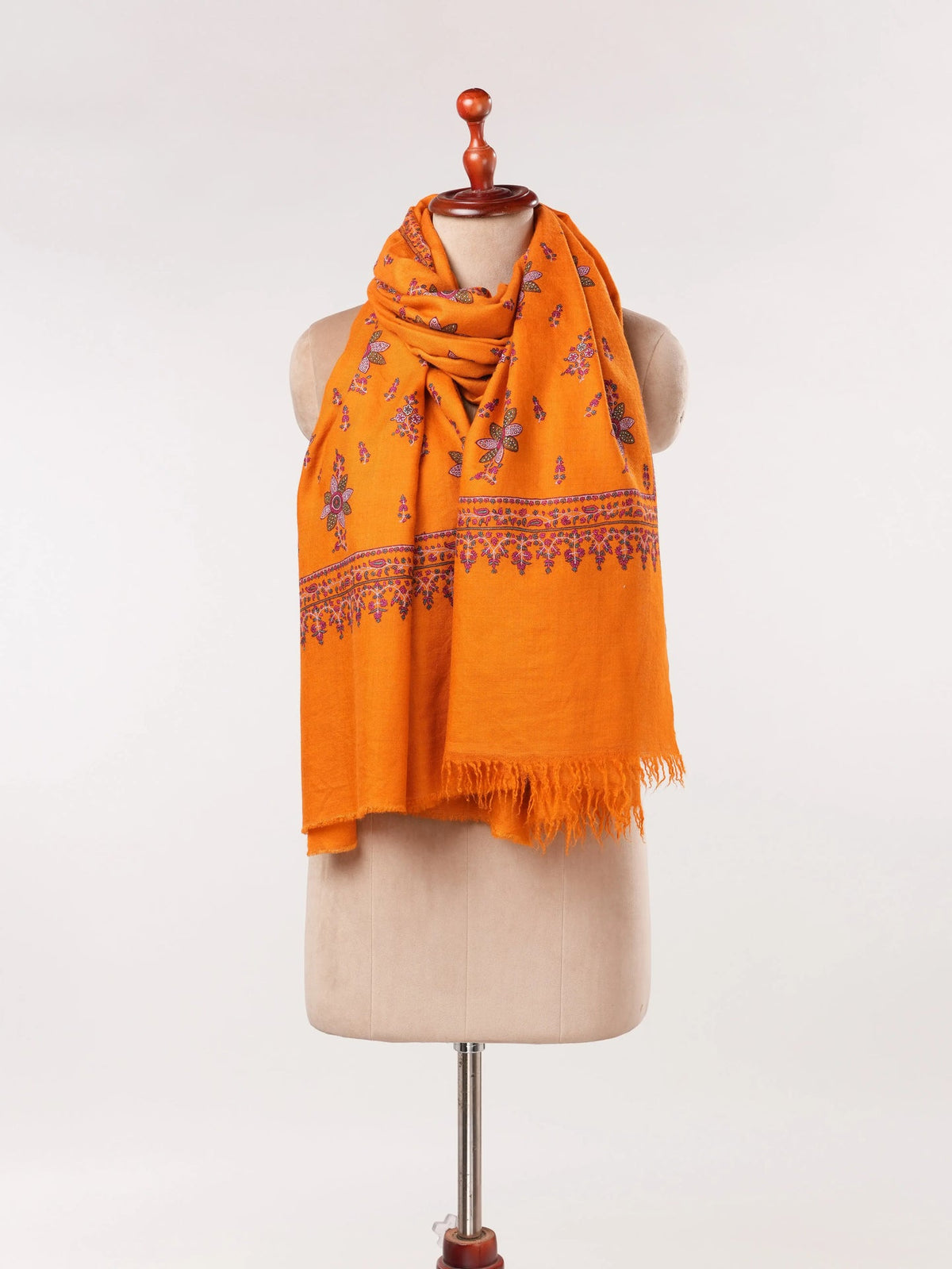 Orange Kashmiri Handwoven Pashmina Shawl with Floral Hand Sozni Embroidery Shahkaar.com