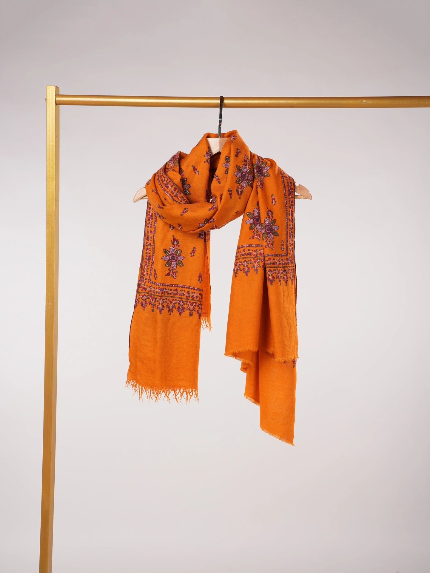Orange Kashmiri Handwoven Pashmina Shawl with Floral Hand Sozni Embroidery Shahkaar.com