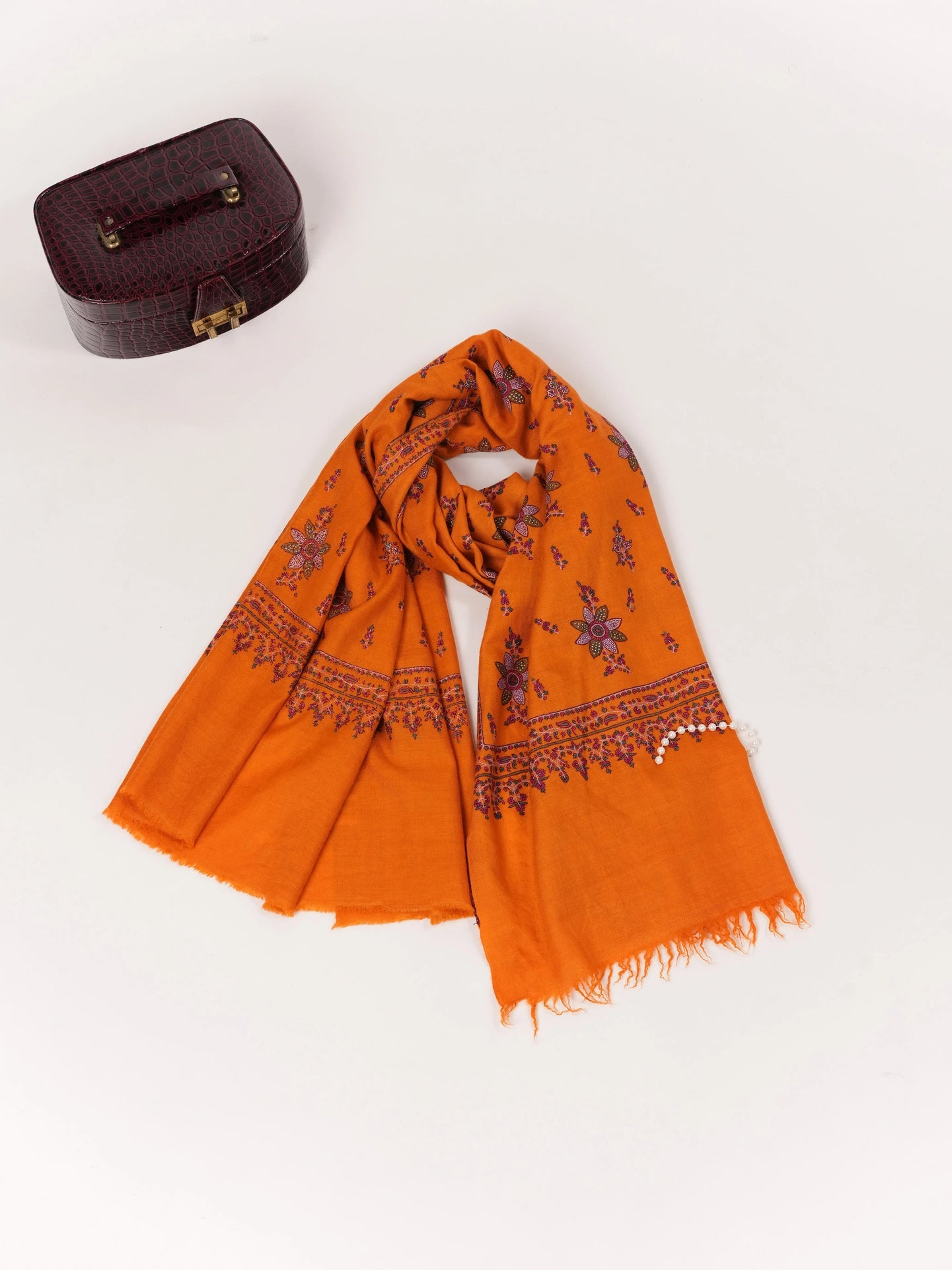 Orange Kashmiri Handwoven Pashmina Shawl with Floral Hand Sozni Embroidery Shahkaar.com