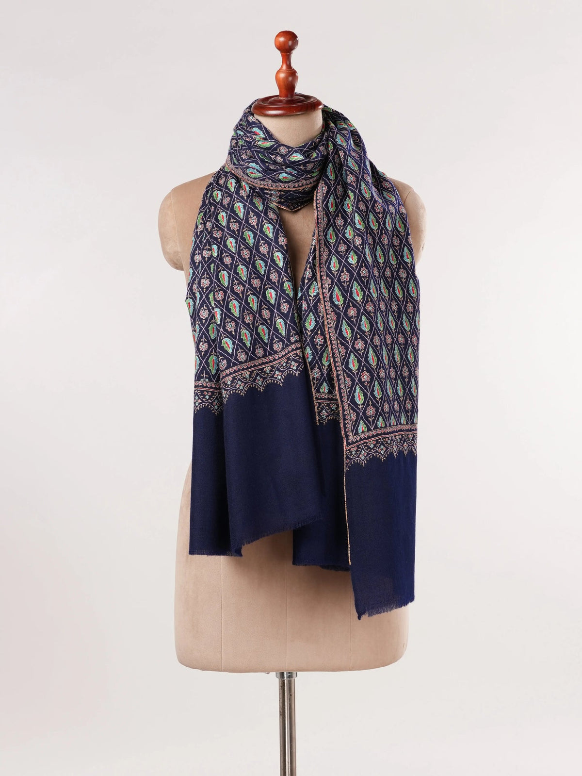 Jali Sozni Hand Embroidered Origina Dark Blue Handwoven Pashmina Shawl Shahkaar.com