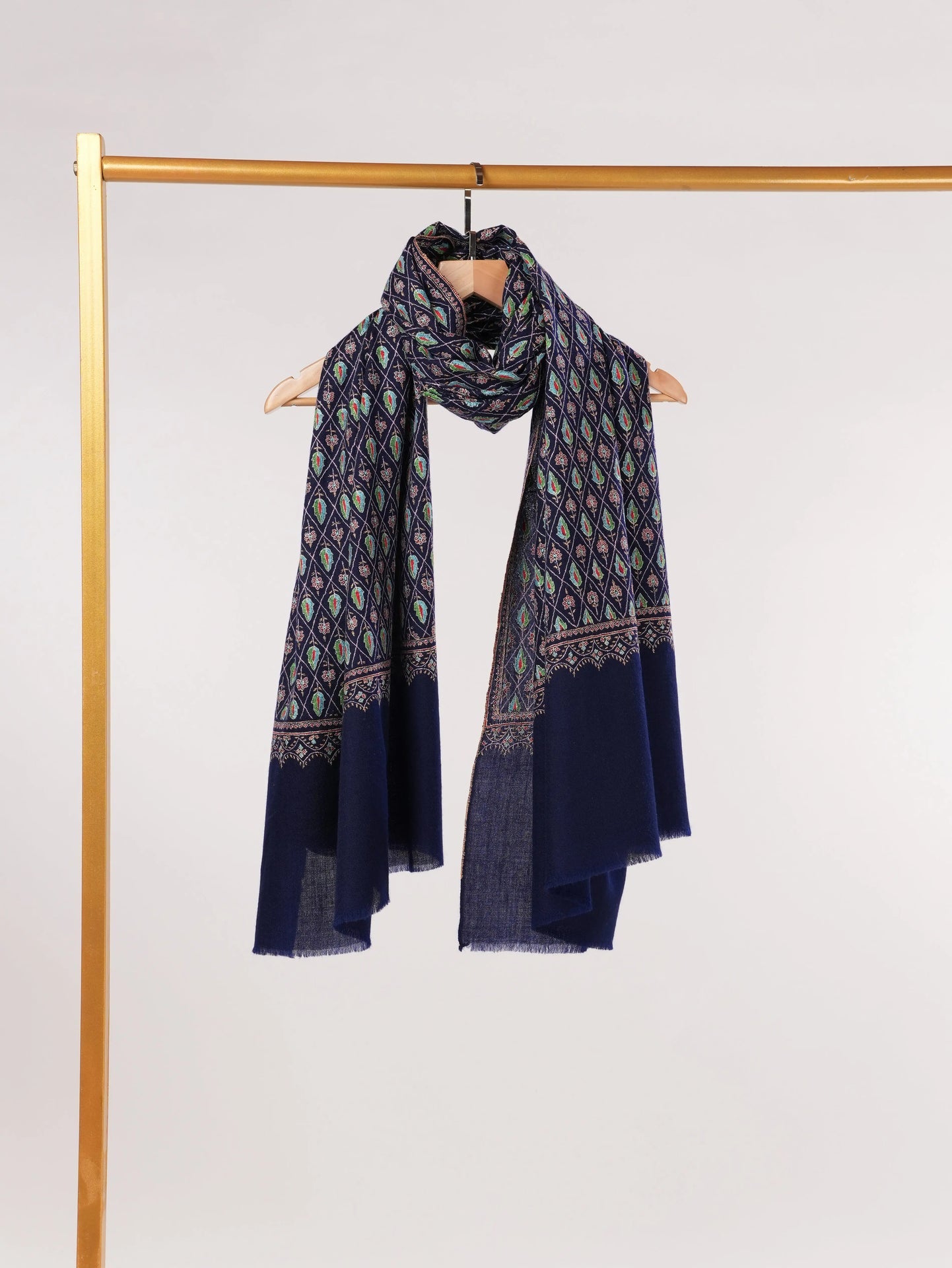 Jali Sozni Hand Embroidered Origina Dark Blue Handwoven Pashmina Shawl Shahkaar.com