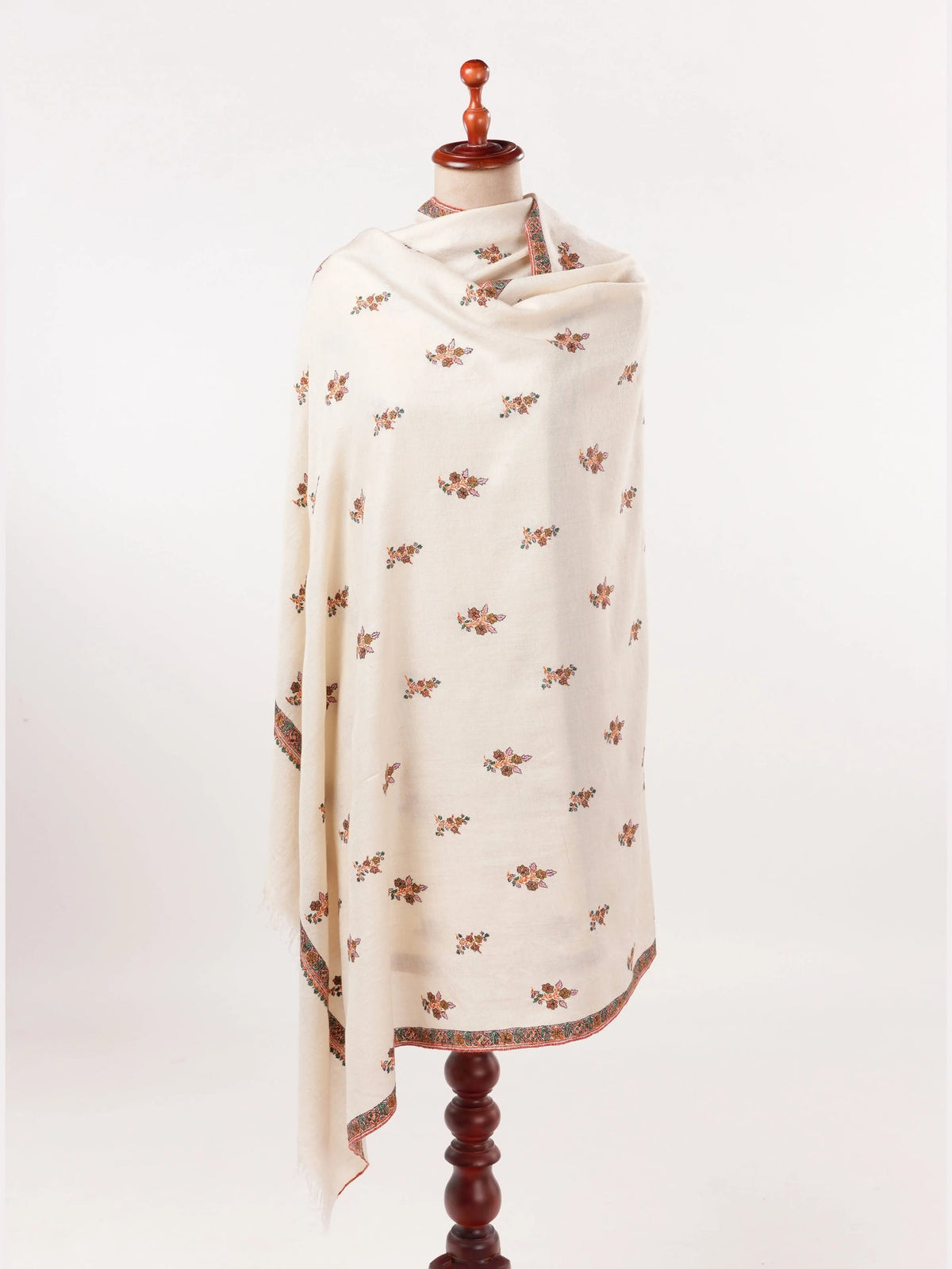 Handwoven Natural White Pashmina Shawl with Buteh Hand Embroidery