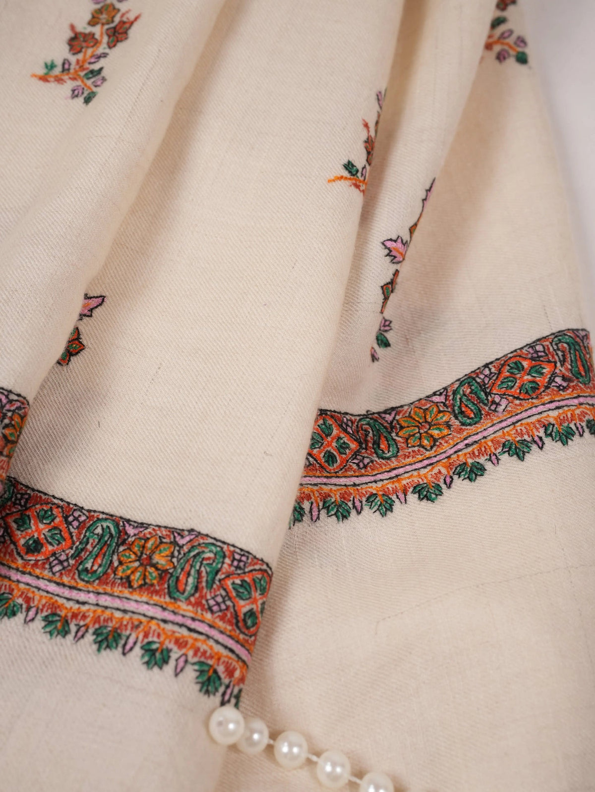 Handwoven Natural White Pashmina Shawl with Buteh Hand Embroidery