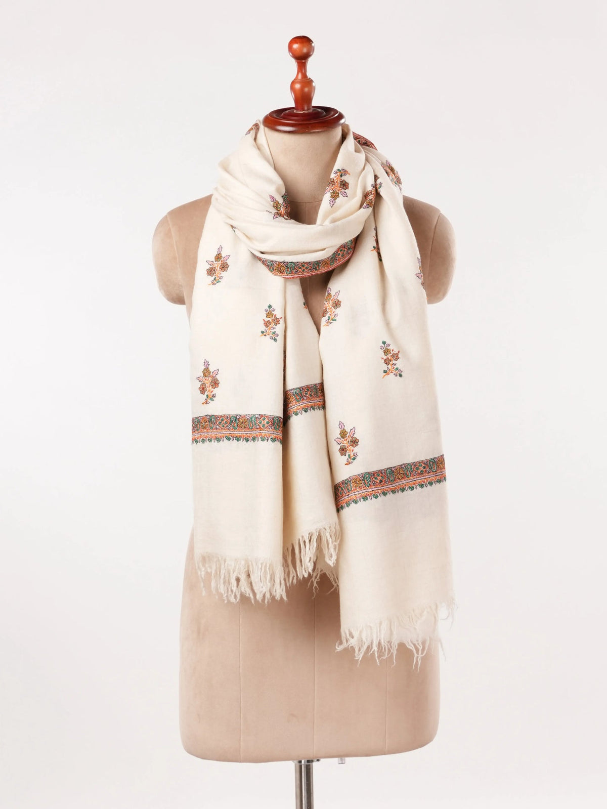 Handwoven Natural White Pashmina Shawl with Buteh Hand Embroidery