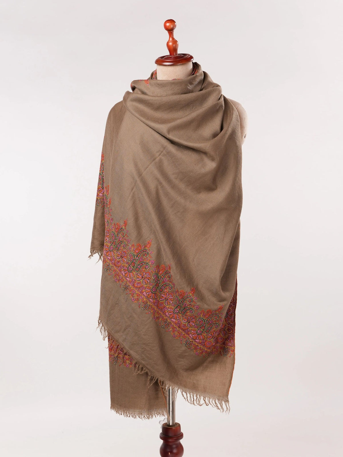 Dark Taupe Kashmiri Handwoven Pashmina Shawl with Kalandaur Hand Sozni Embroidery Shahkaar.com