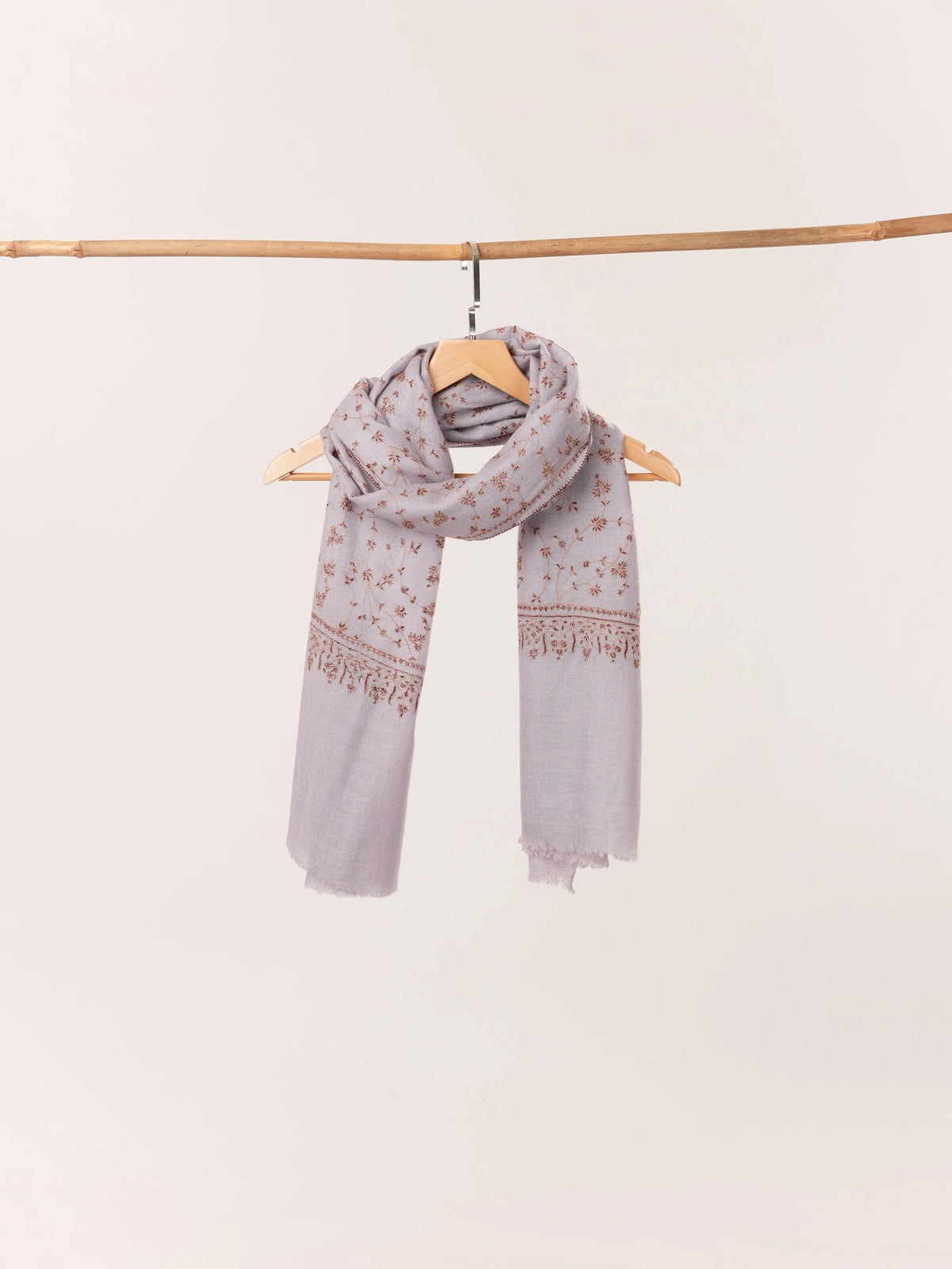 Misty Lavender Cashmere Kashmiri Handwoven Scarf with Hand Sozni Jali Embroidery Shahkaar.com