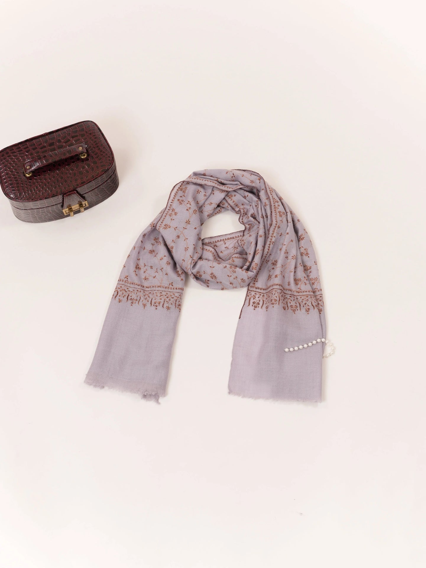 Misty Lavender Cashmere Kashmiri Handwoven Scarf with Hand Sozni Jali Embroidery Shahkaar.com