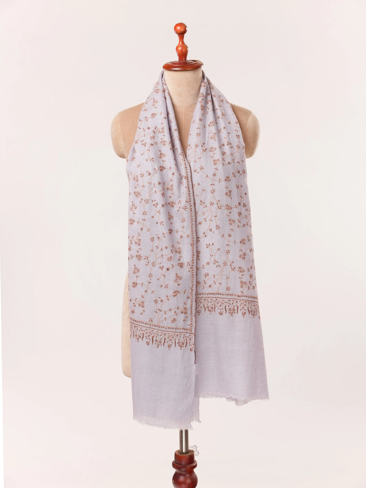 Misty Lavender Cashmere Kashmiri Handwoven Scarf with Hand Sozni Jali Embroidery Shahkaar.com